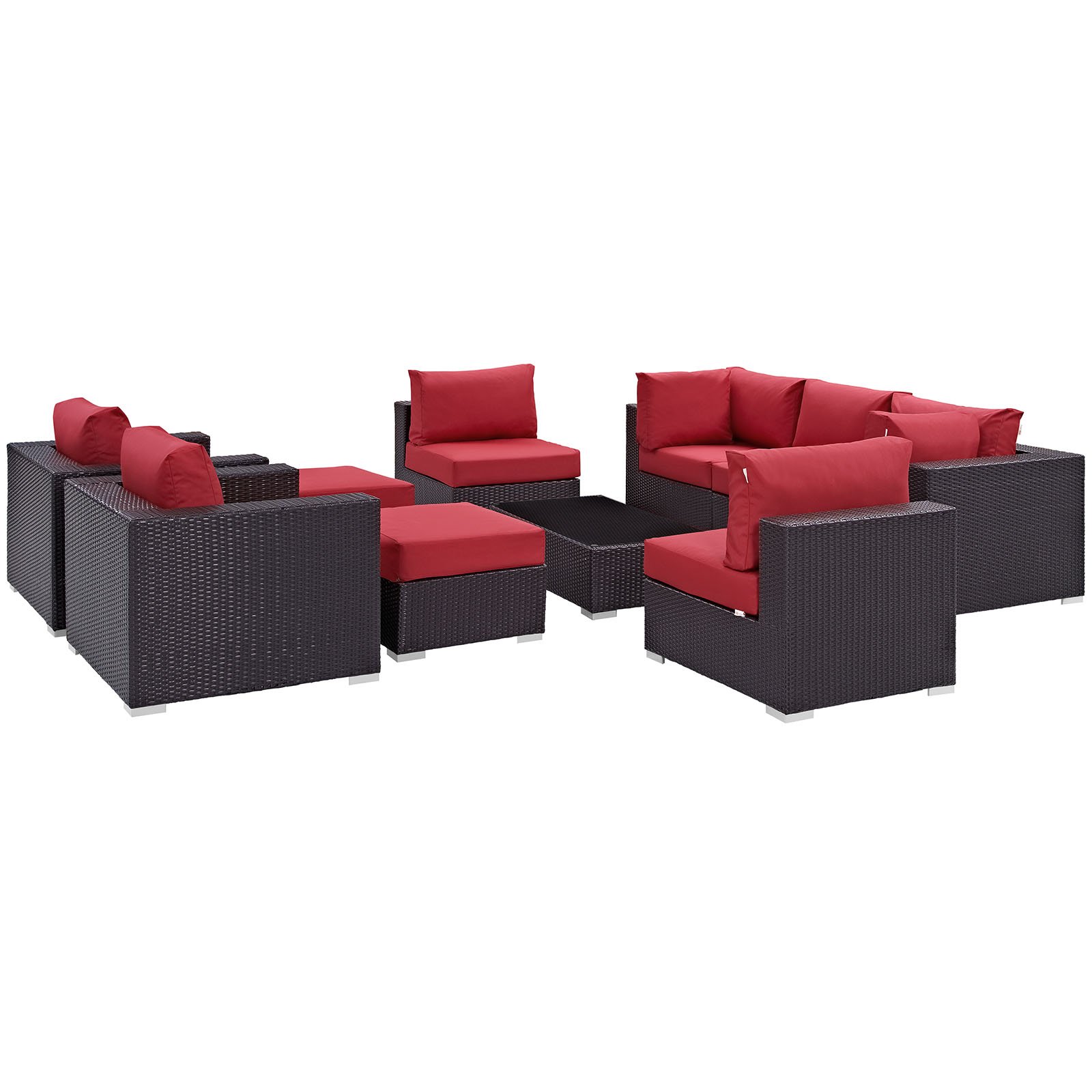 Modway Convene 10-Piece Outdoor Patio Sectional Set - Espresso Red Wicker Furniture for Backyard, Poolside & Garden Relaxation