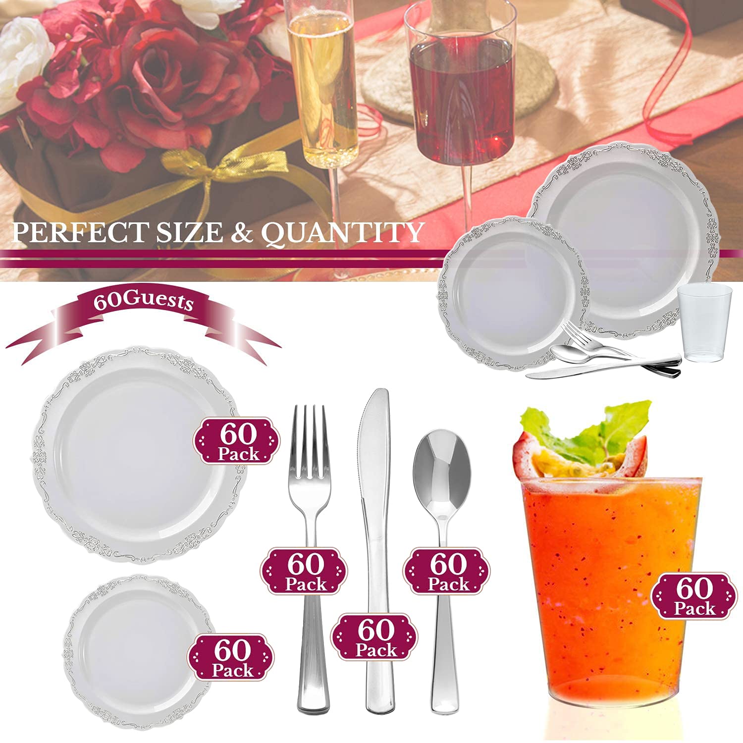 Elegant Disposable Plastic Plates for Party - 60-Piece Clear with Silver Wedding Dinnerware Set | Perfect for Weddings, Birthdays, Catering & Outdoor Events