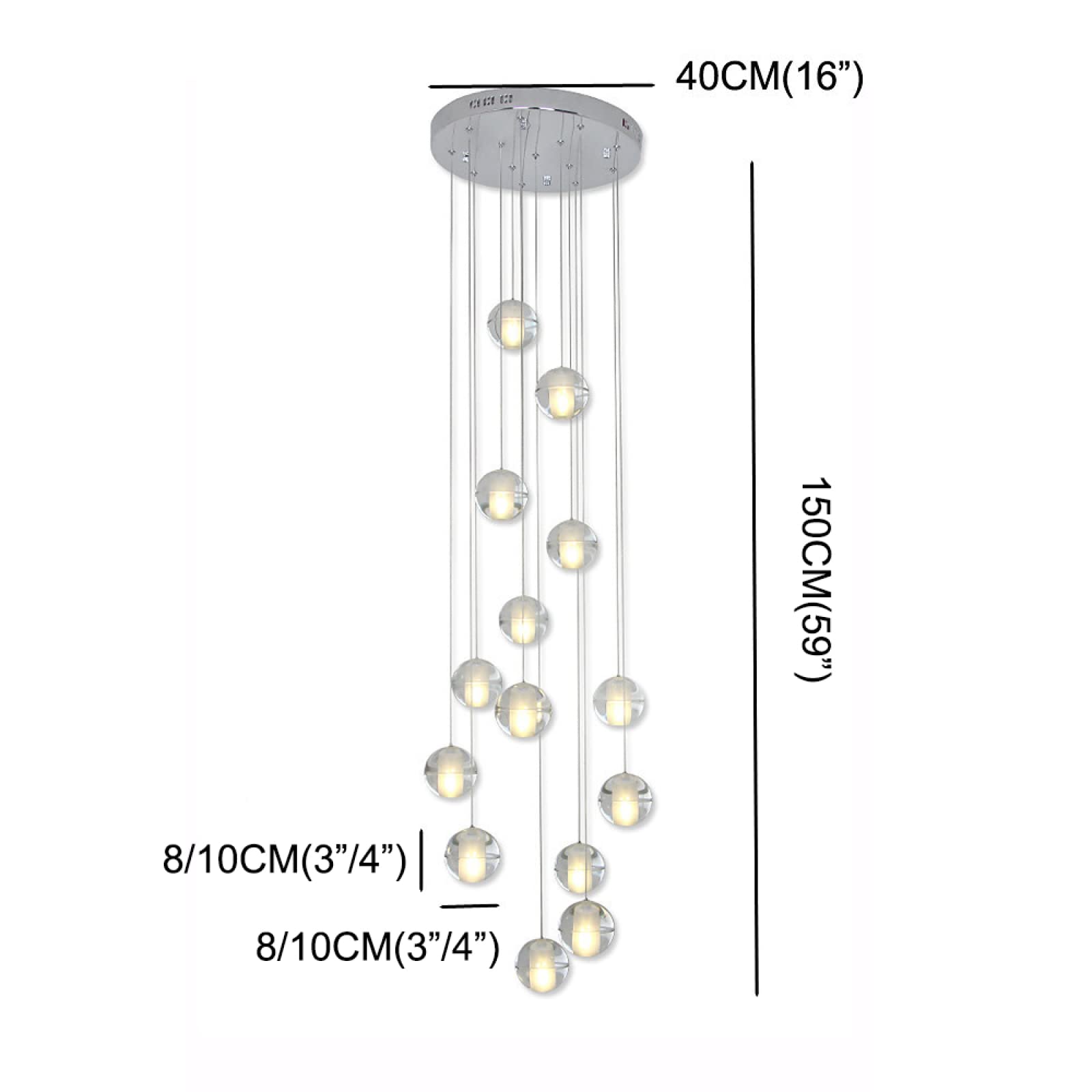 14 Heads Crystal Ball Pendant Light - Modern Adjustable Height Chandelier with Warm White LED (42W) for Living Room, Spiral Staircase, Hallway & Dining Room Lighting