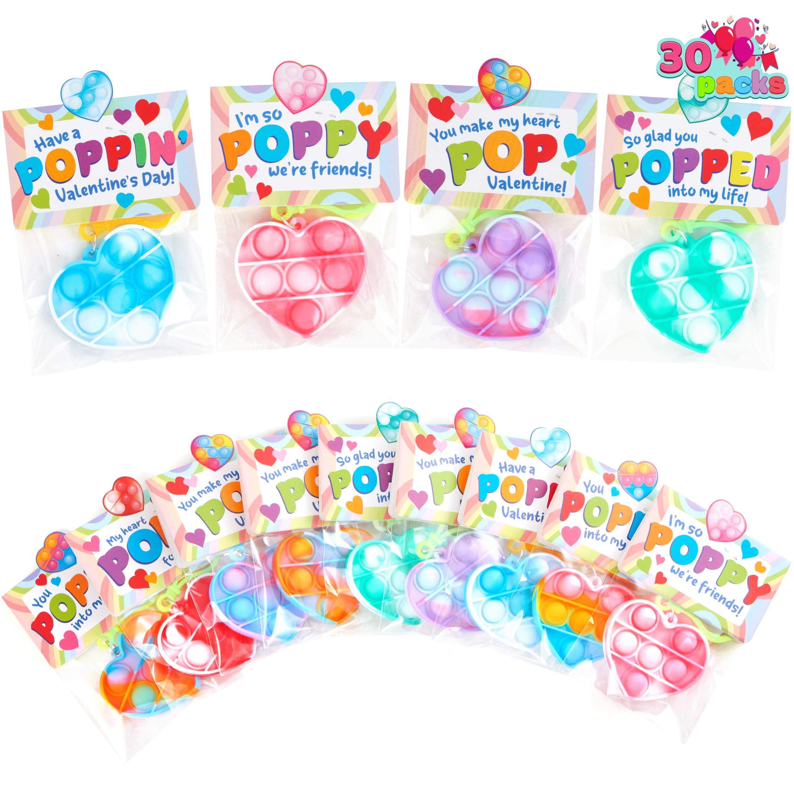 JOYIN 30 Pack Heart Pop Bubble Keychain Gift Cards with Mini Pop Squeeze Toys - Stress Relief Fidget Toys for Kids, Party Favors, Classroom Exchange & Game Prizes - Perfect for Birthday Gifts, School Rewards and Anxiety Relief