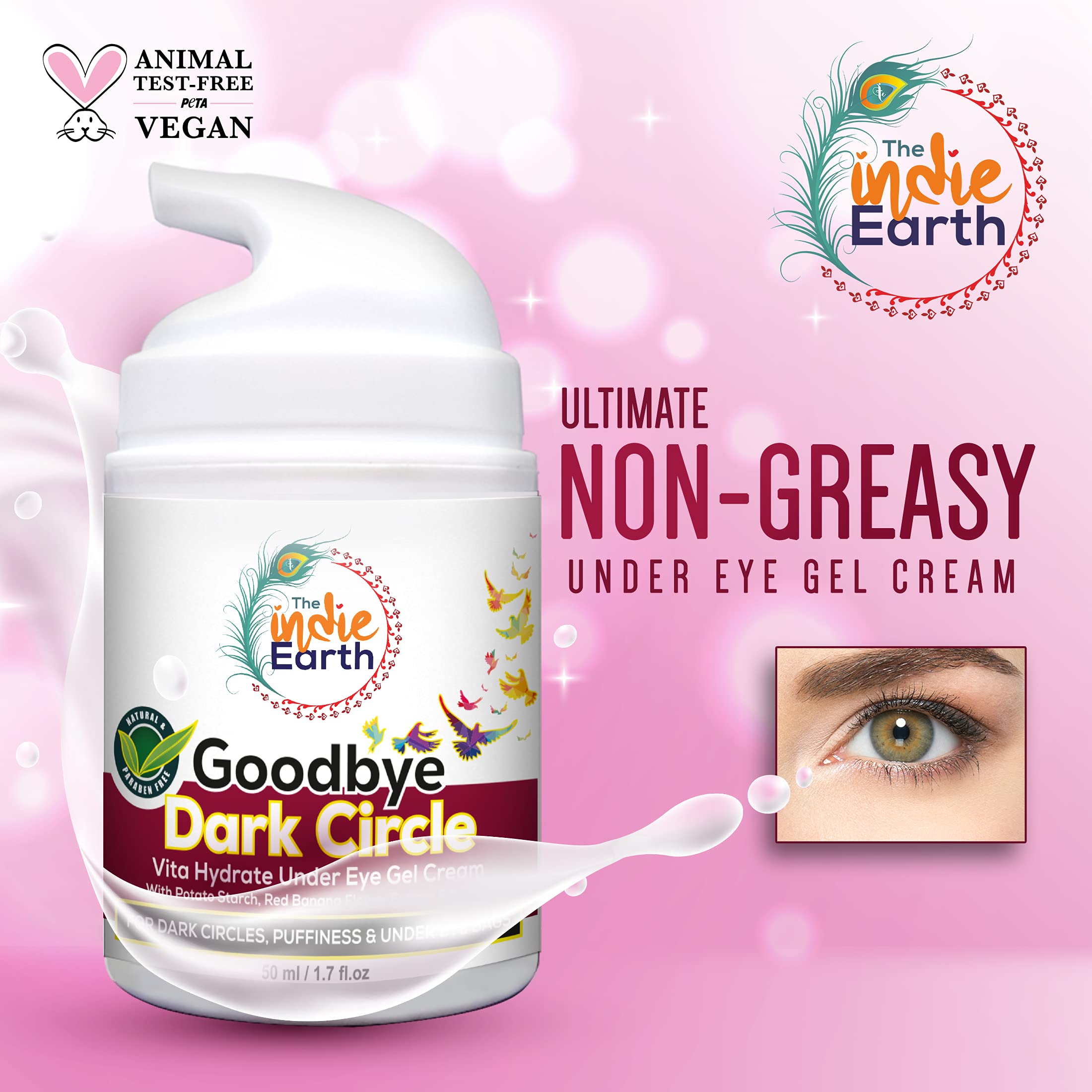 Indie Earth Goodbye Dark Circles Vita Rich Under Eye Gel Cream – 50ml with Potato Starch, Red Banana Flower Extract & Retinol | Best Eye Gel for Dark Circles, Puffiness & Fine Lines | Perfect for Night Routine & Travel Skincare
