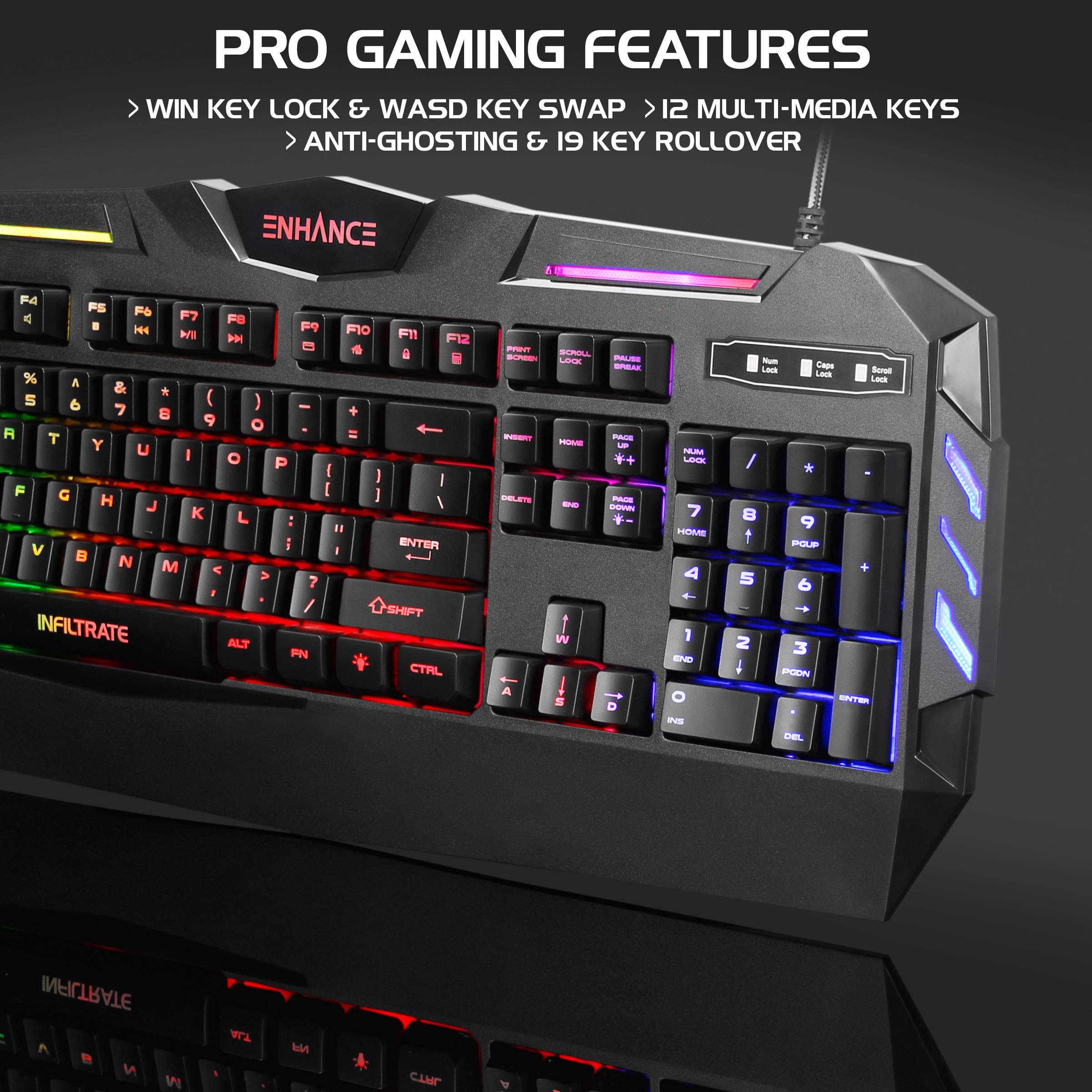ENHANCE Infiltrate KL1 RGB LED Gaming Keyboard - 19 Key Rollover, Anti-Ghosting, Spill-Resistant Design with USB Braided Cable - Perfect for PC, Mac, PS4, Xbox Gaming & Office Work
