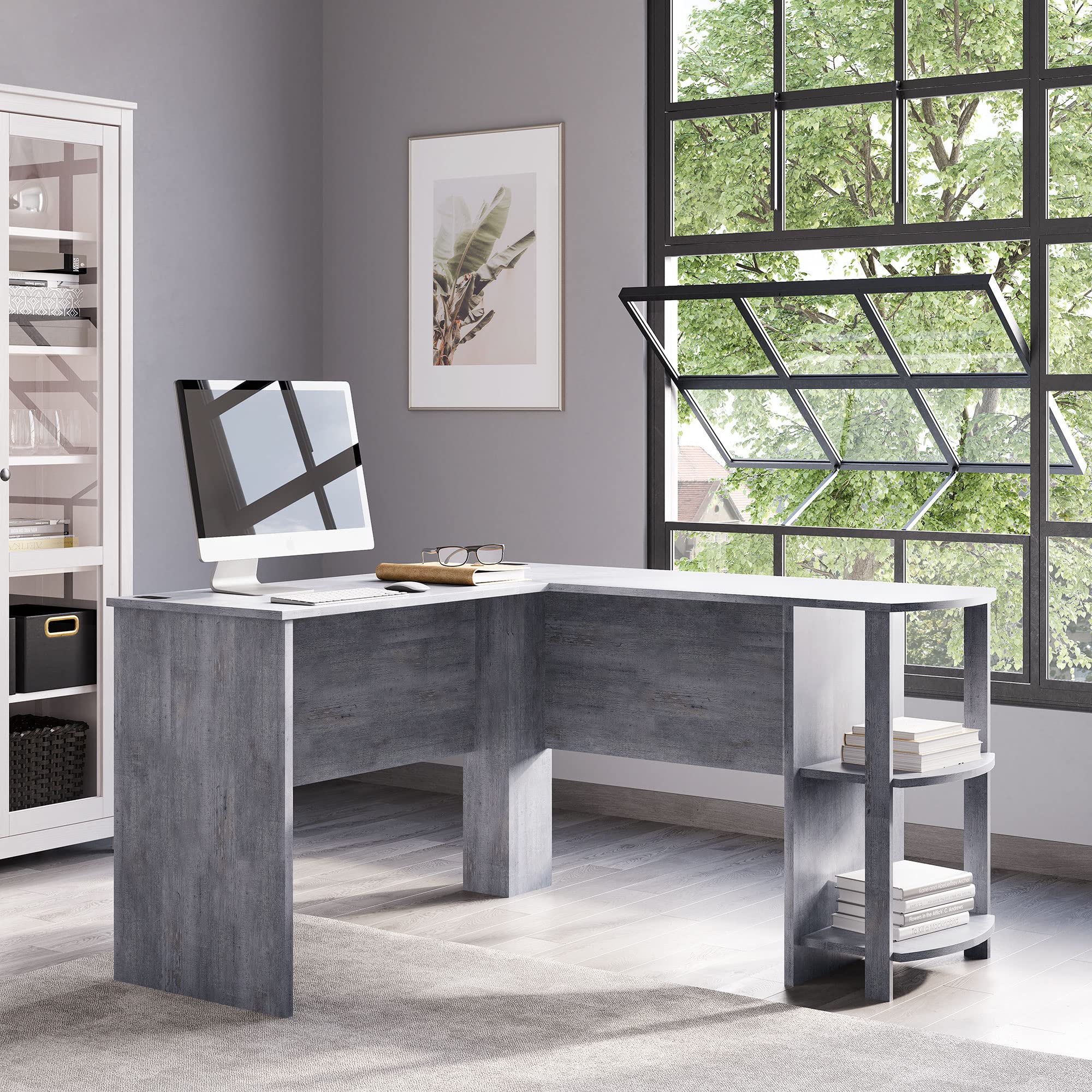 BELLEZE Modern L-Shaped Corner Desk for Home Office - Wooden Computer Laptop Desk with 2 Open Storage Shelves, Study Writing Workstation (Light Grey) - Perfect for Small Spaces, Gaming Setup & Remote Work