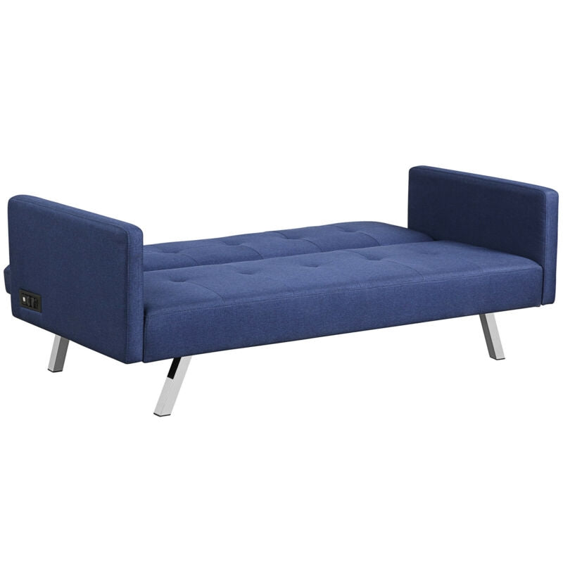 Costway 3-in-1 Convertible Futon Sofa Bed with USB Charging Ports & Power Strip - Blue Linen Fabric for Living Room, Guest Room & Small Spaces