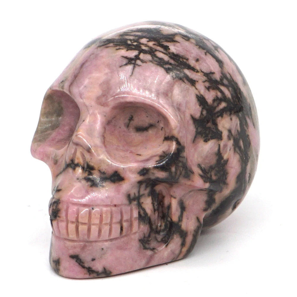2 Pack Skull Statue - Natural Pink & Black Rhodonite Crystal Carved Figurine, Reiki Healing Stone, Home & Office Decor for Meditation Room, Altar Display, and Spiritual Healing Gifts