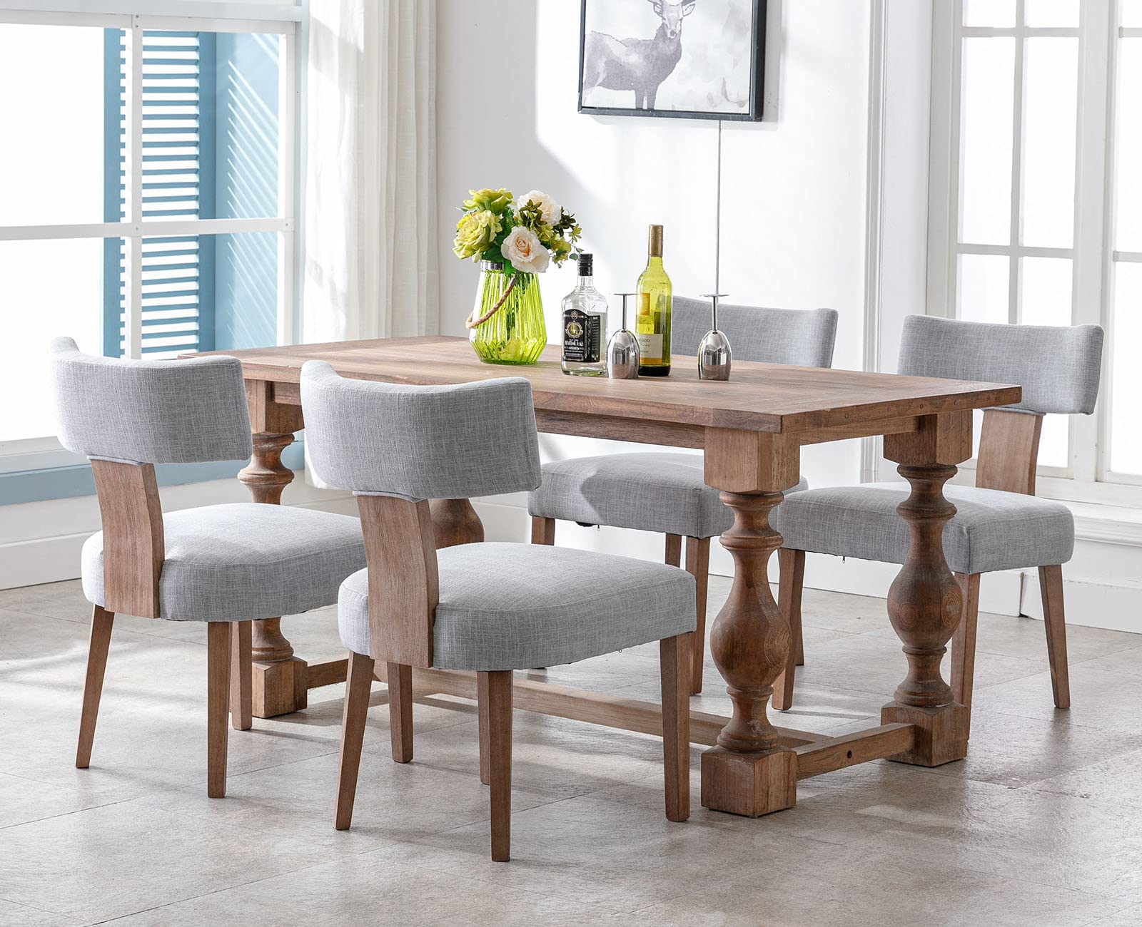 VESCASA Mid-Century Modern Farmhouse Dining Chairs Set of 2 - Upholstered Linen Padded Seats with Curved Open Back & Solid Wood Legs - Light Grey - Perfect for Dining Room, Kitchen, Breakfast Nook & Farmhouse Decor