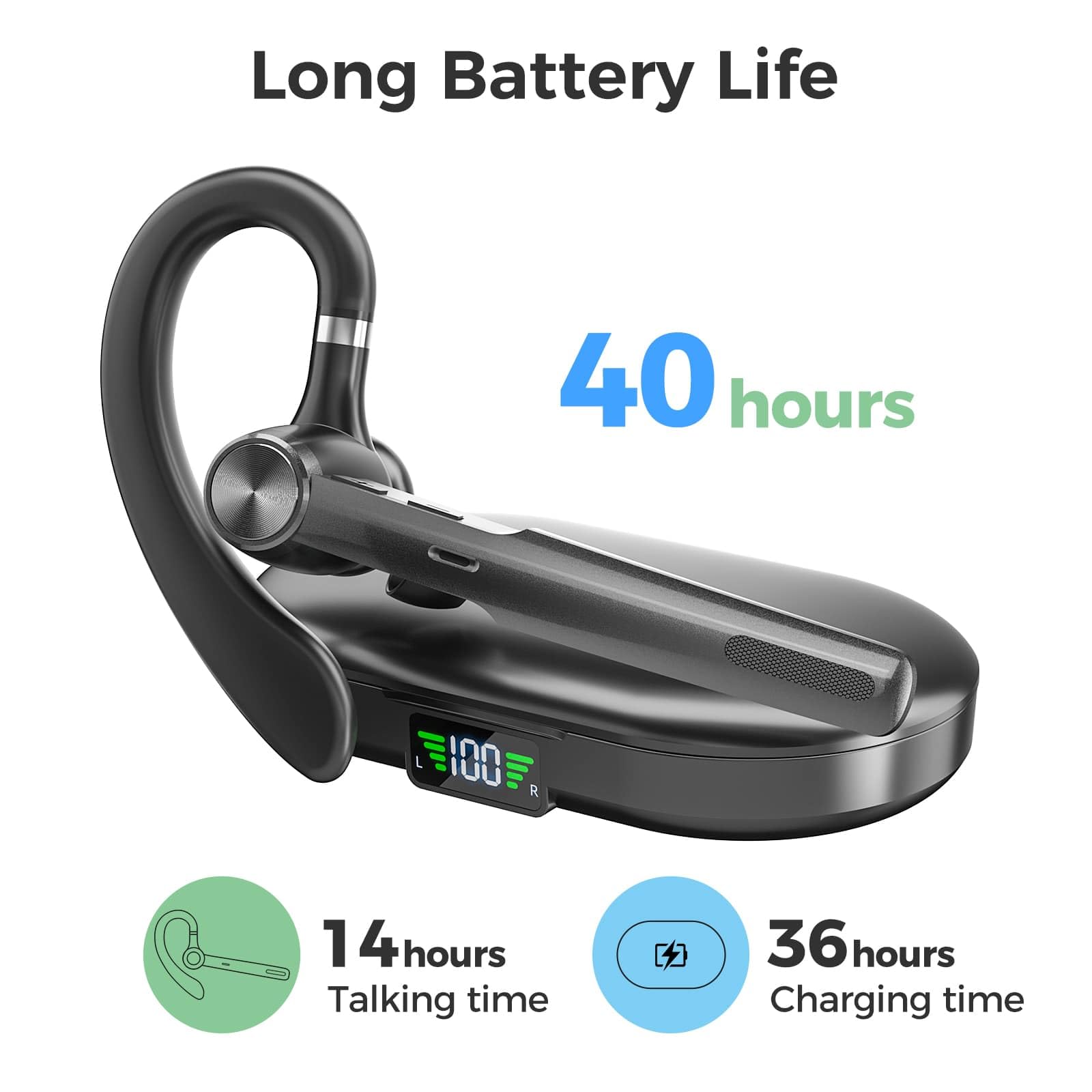 Wireless Bluetooth Headset with Noise Cancelling Microphone - Trucker Headset V5.3 for Business, Computer, Laptop & Cell Phone - Includes Charging Case - Ideal for Remote Work, Call Centers & Driving