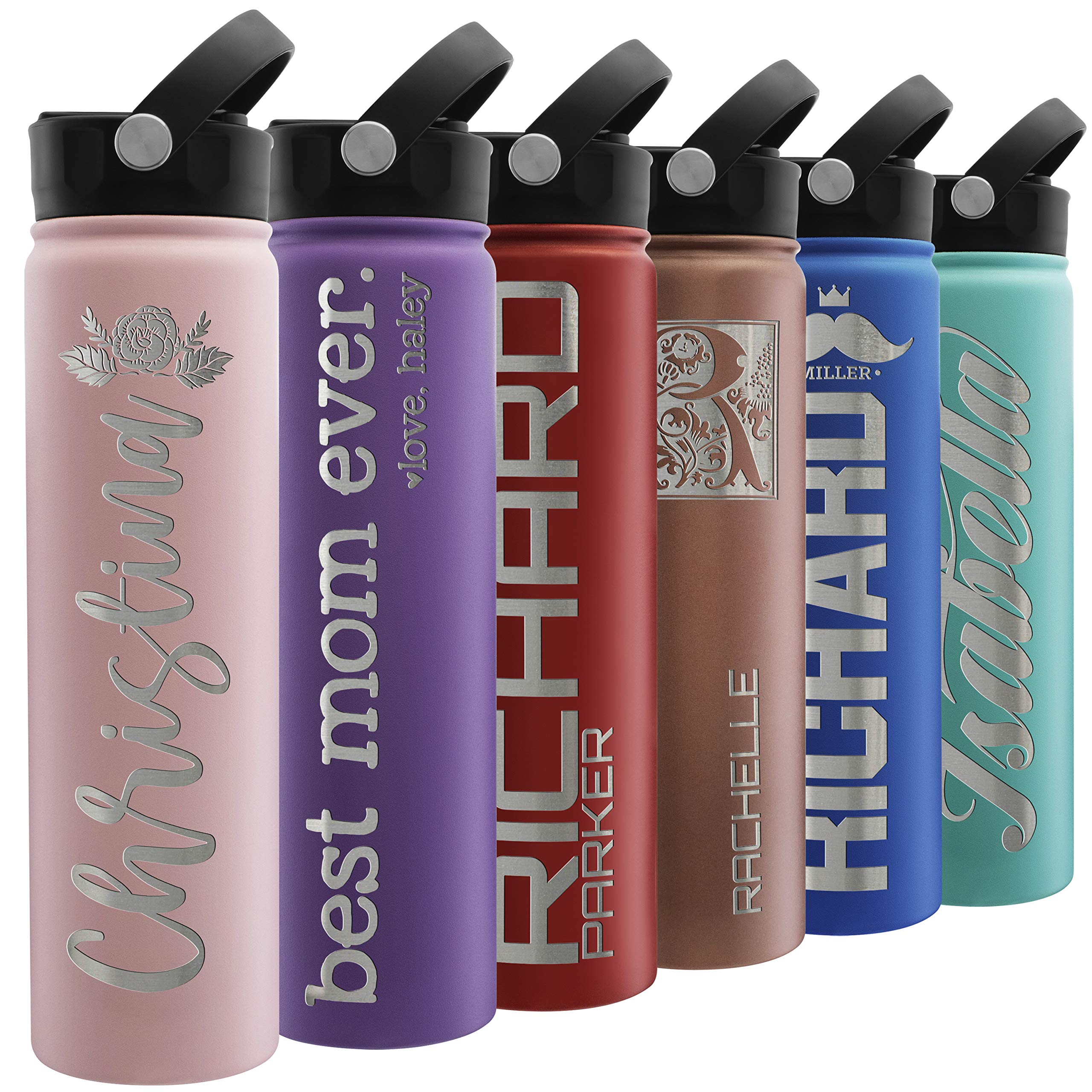 Custom Personalized 24 oz Pink Vacuum-Insulated Sports Water Bottle with Straw Lid & Handle - Laser Engraved Name/Text - 3 Sizes, 12 Designs & 9 Colors - Perfect for Gym, Hiking & Outdoor Activities