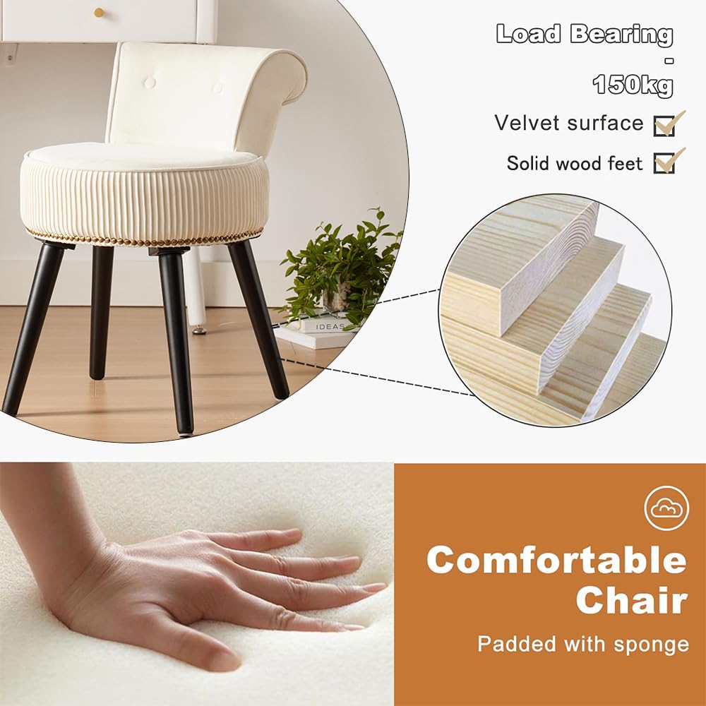 White Velvet Vanity Stool with Back - Tufted Makeup Chair for Women, Small Accent Chair for Dressing Table, Perfect for Bedroom Vanity, Boudoir & Beauty Salon