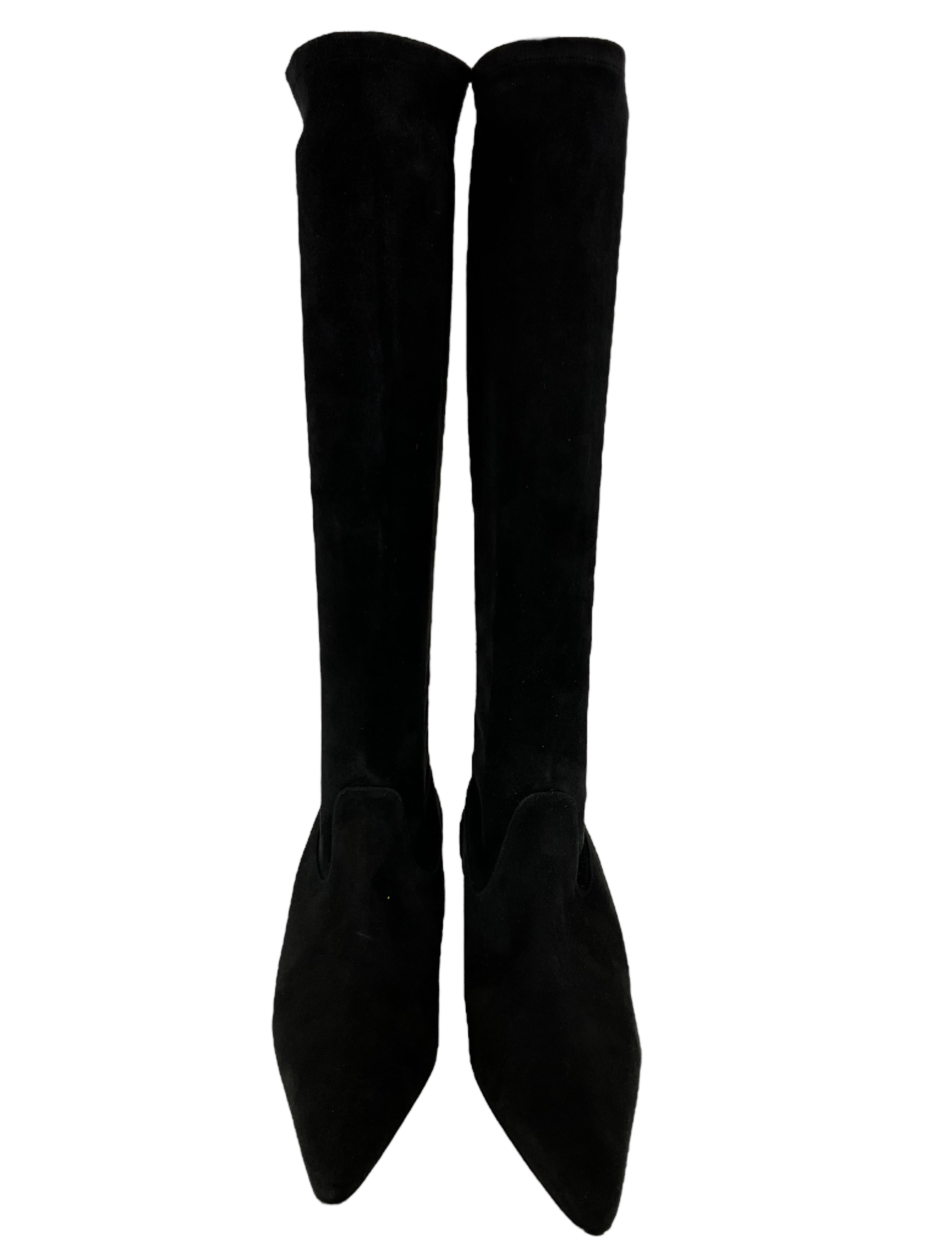 Manolo Blahnik Black Suede Knee High Pointed Toe Boots Women's Size 8.5 - Elegant Dress Boots for Evening Wear & Winter Fashion