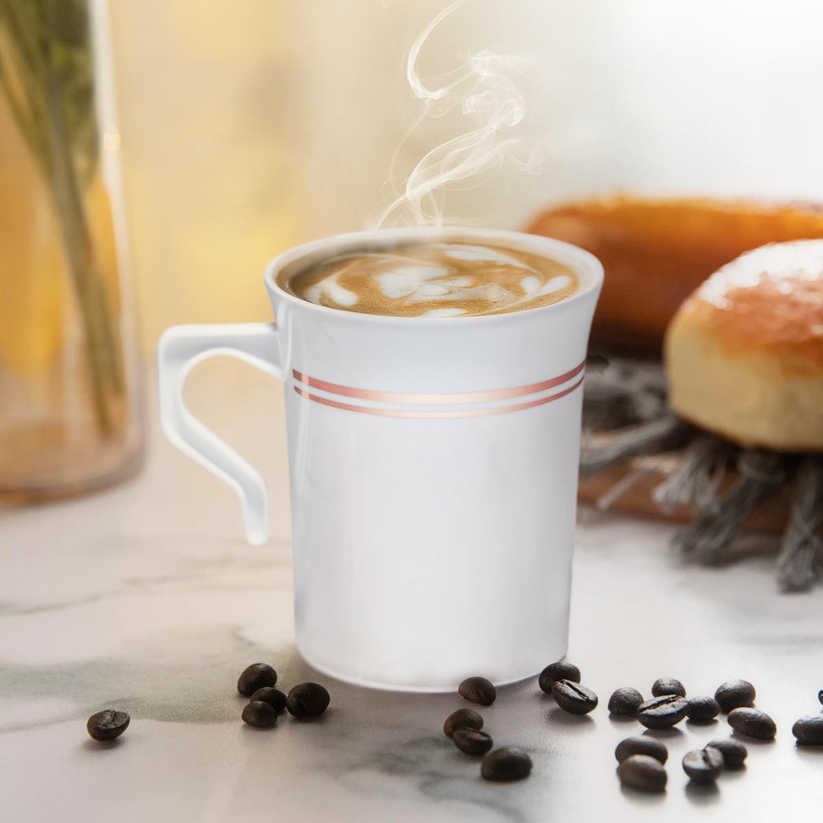 240-Pack Heavyweight Disposable 8 oz Plastic Coffee Cups with Handles - Wedding, Party, Cafe Drinkware (White & Rose Gold Rim) - Perfect for Bridal Showers, Office Events & Catering Services