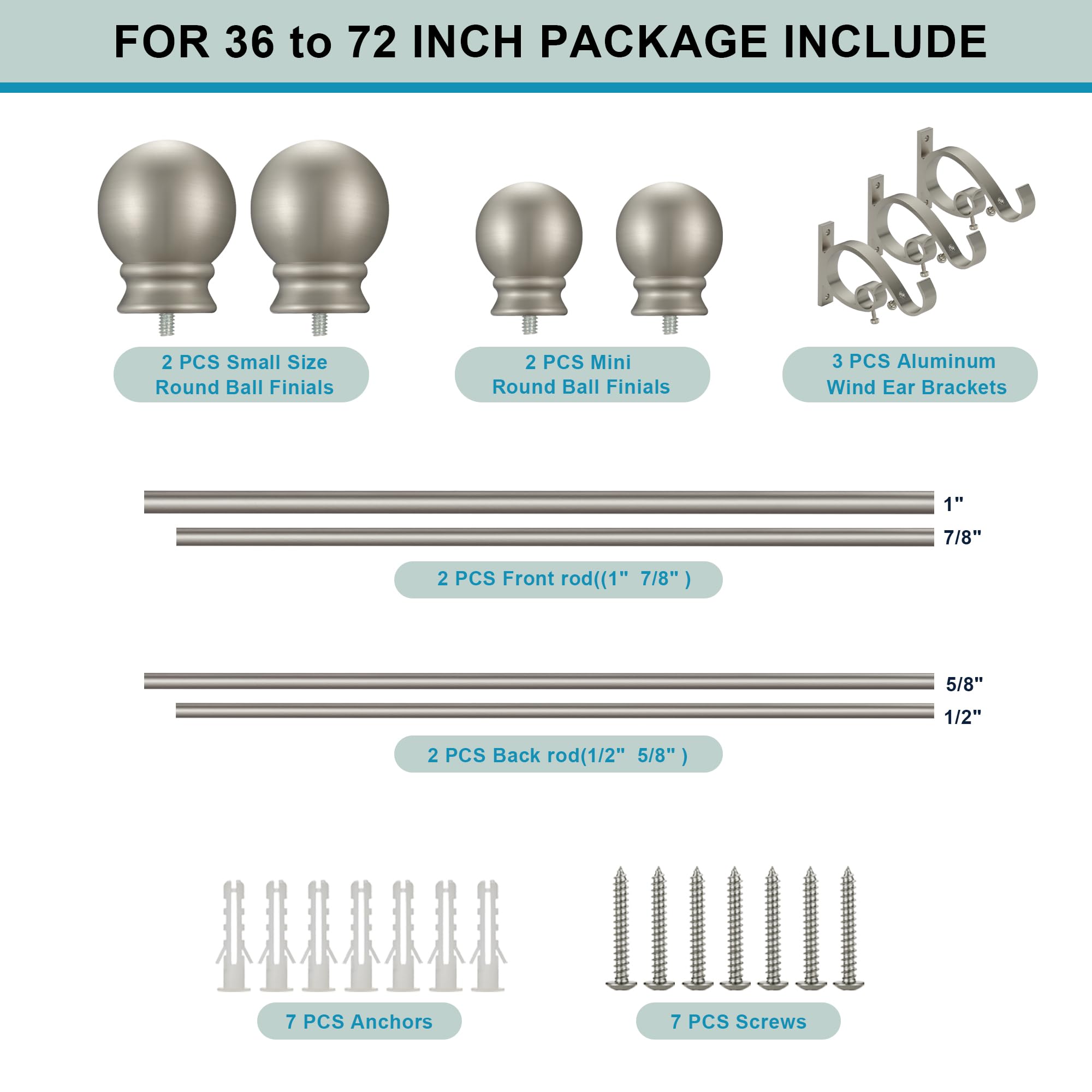 Brushed Nickel Double Curtain Rods 36-72 Inch Adjustable - 1