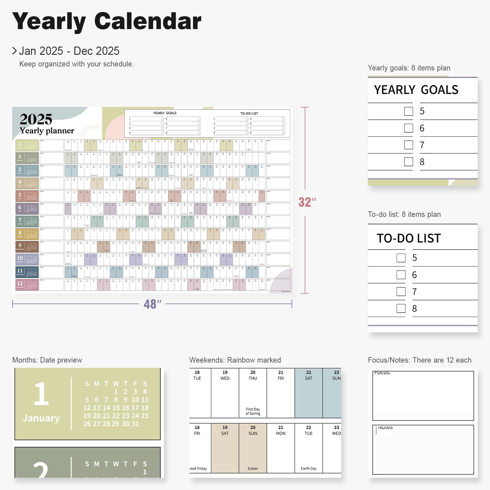 Ospelelf 2025 Large Dry Erase Wall Calendar - 32'' x 48'' Laminated Family Planner (Jan-Dec 2025) - Morandi Design | Perfect for Home, Office & Classroom Organization