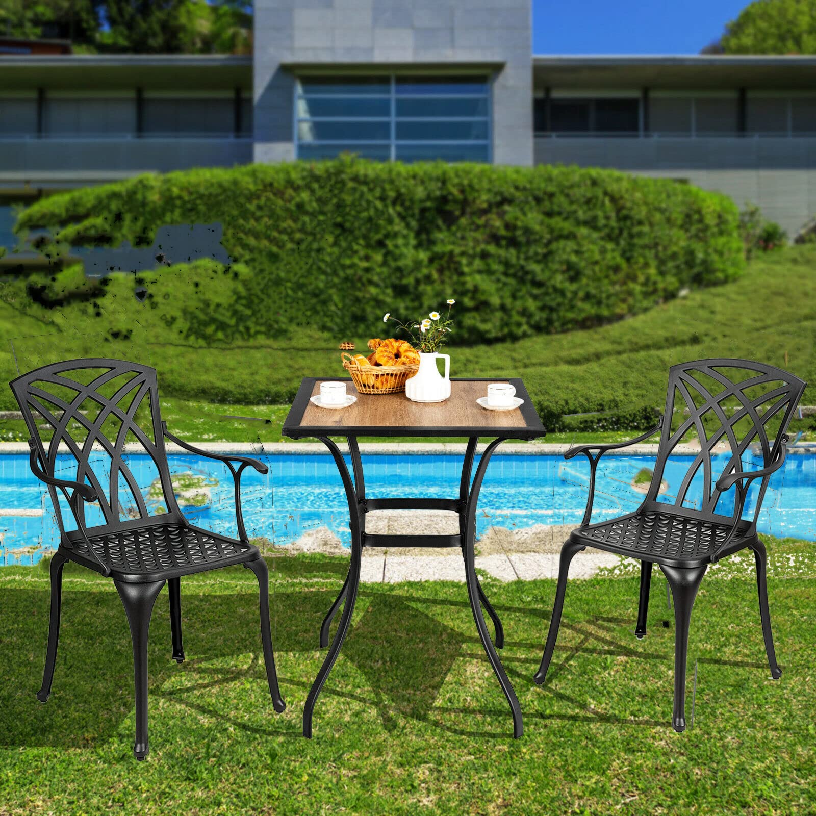 Outdoor Square Bar Table 28x28 Inch - Metal Frame with Wooden-Like Top, Patio Bistro Table for Porch, Garden, Backyard & Poolside - Perfect for Outdoor Dining, Entertaining & Relaxing