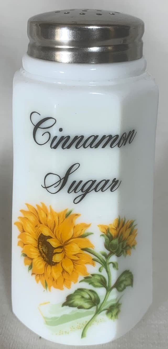 Vintage Rosso Exclusive Sugar Shaker with Floral Milk Glass Design - Handmade in USA by Mosser Glass - Perfect for Coffee, Tea & Baking (Sunflower & Cinnamon Sugar Pattern)