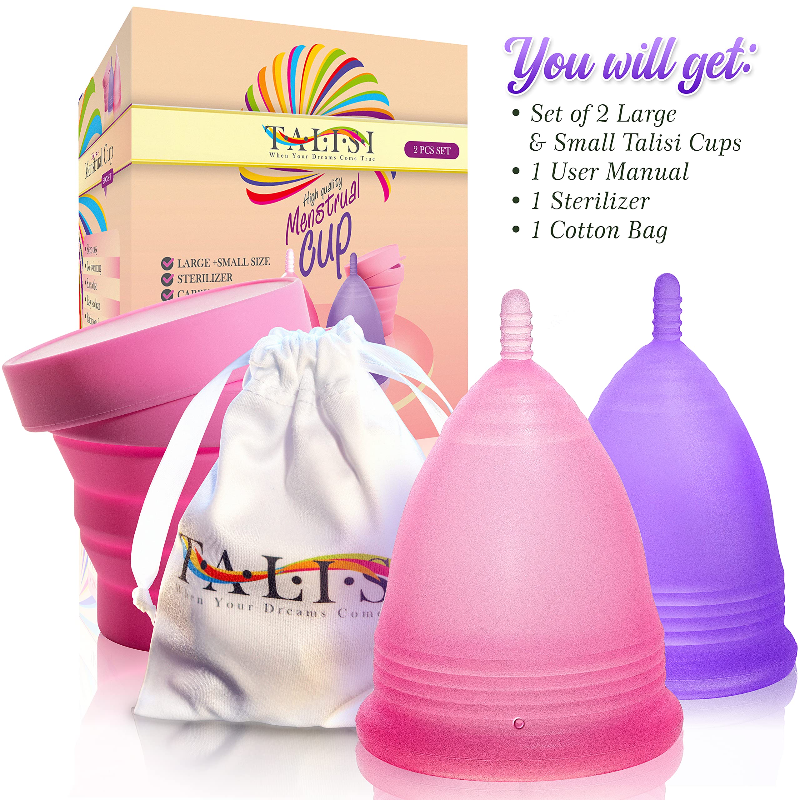Talisi Menstrual Cups Set of 2 (Small & Large) - Soft Reusable Period Cup Kit with Collapsible Silicone Sterilizer Case & Storage Bag | Leak-Proof Menstruation Cup for Teens, Beginners & Heavy Flow | Perfect for Travel, Gym & Active Lifestyle