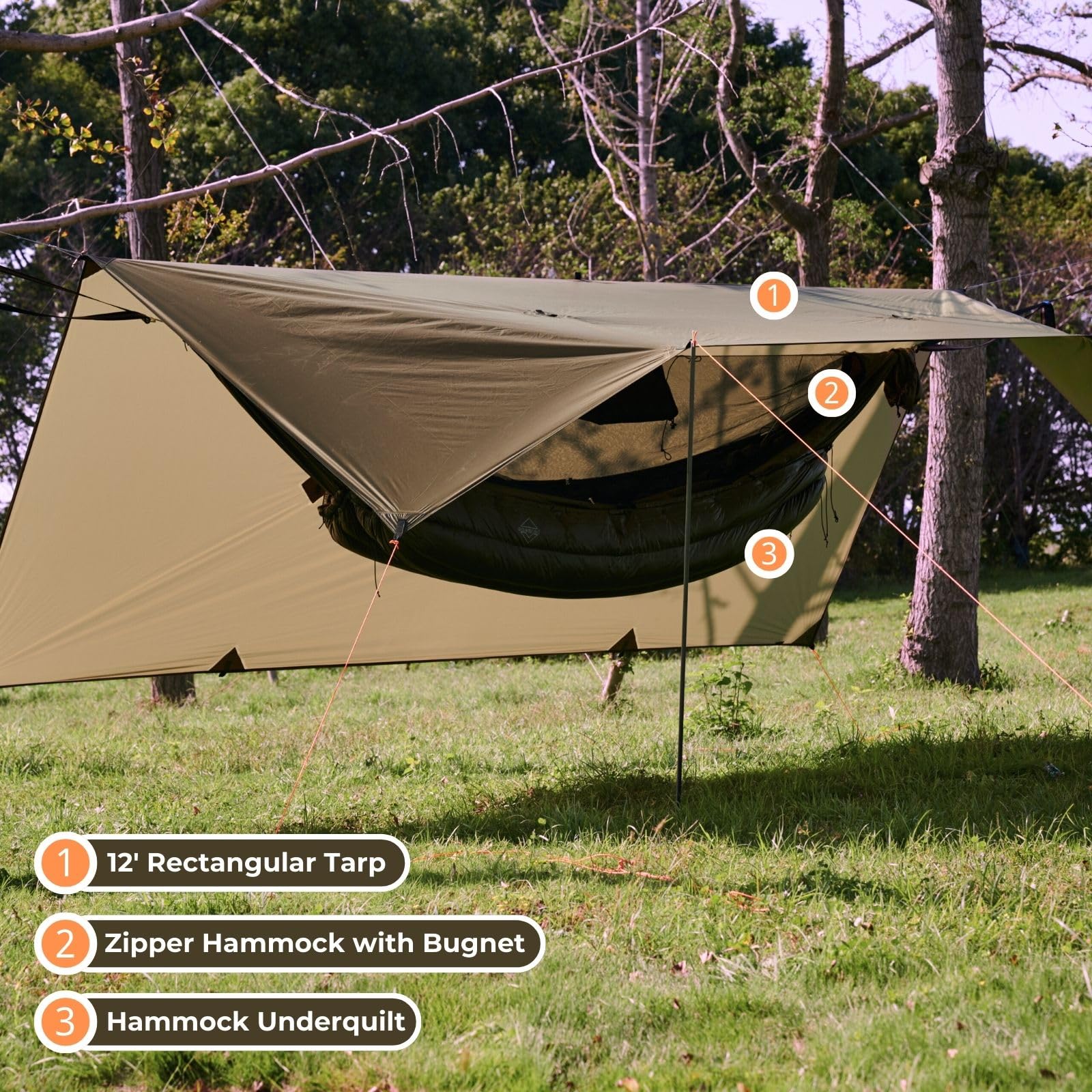 OneWind 12x10 ft Ultralight Silnylon Hammock Rain Fly - Waterproof Camping Tarp with Doors, Easy Setup with Stuff Sack & Tent Stakes (OD Green) - Perfect for Backpacking, Hiking, and Outdoor Shelter