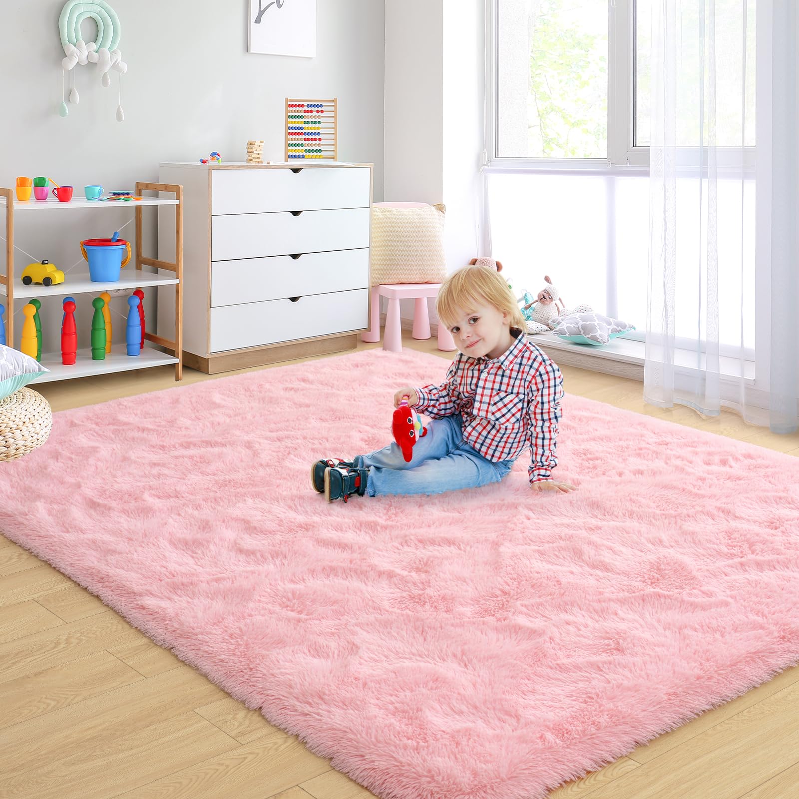 Ultra Soft Pink Shag Rug 5x8 Feet - Fluffy Furry Area Rug for Bedroom, Living Room, Nursery & Kids Room Decor - Non-Slip Modern Indoor Floor Carpet - Perfect for Cozy Home Decor, Girls' Bedroom & Playroom