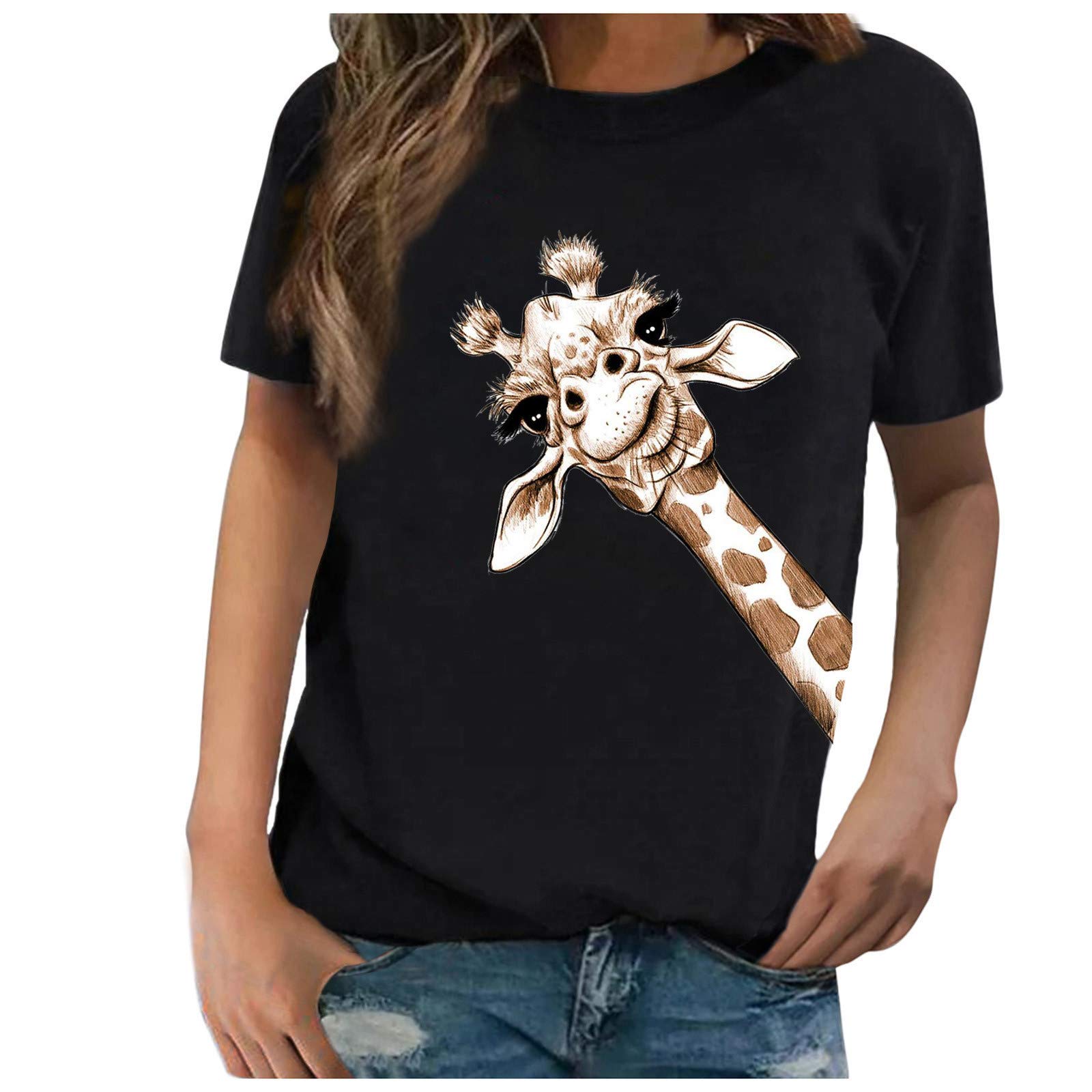 Women's Giraffe Print Round Neck Short Sleeve Casual T-Shirt - Stylish Animal Print Blouse for Everyday Wear, Summer Outfits & Casual Fashion