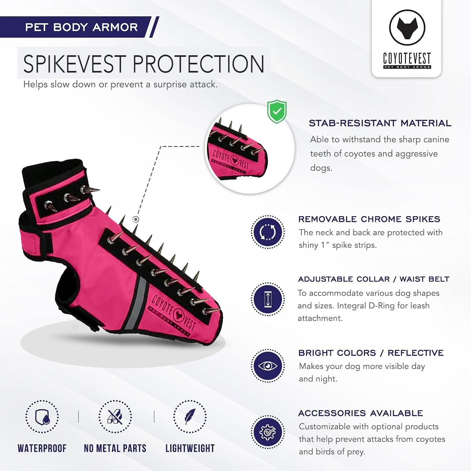 CoyoteVest SpikeVest Dog Harness Vest for Small Dogs - Reflective Anti-Coyote & Hawk Protection Vest with Spikes, Made in USA (XXS-Pink) | Perfect for Outdoor Adventures, Hiking & Backyard Safety