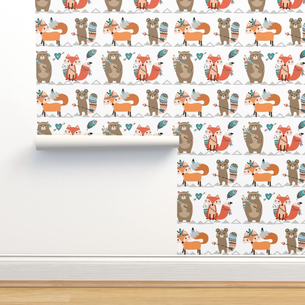 Removable Wallpaper 12ft x 2ft - Woodland Tribal Nursery Arrow Fox Design | Gender Neutral Baby Boy Girl Decor | White Orange Adorable Pre-Pasted Wallpaper by Spoonflower | Perfect for Kids Rooms, Nursery Walls & Home Accent Decor