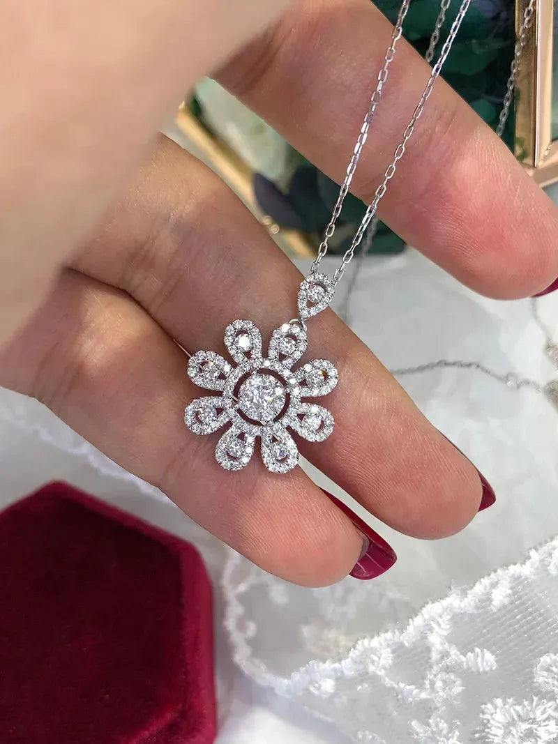 18K White Gold Diamond Necklace for Women - 0.80 Carat Natural Diamond Sunflower Pendant - Romantic Wedding Jewelry Gift for Anniversary, Engagement & Special Occasions