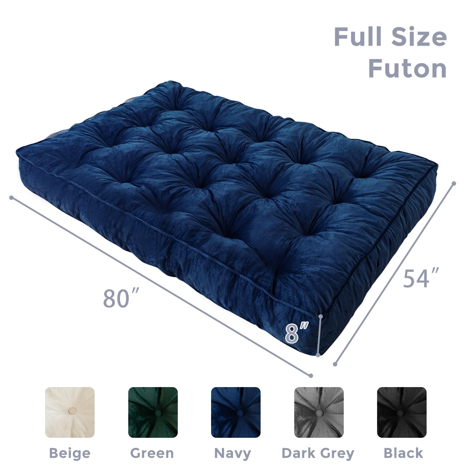 MAXYOYO 8-Inch Thick Velvet Tufted Futon Mattress for Sofa Bed - Navy Blue Comfortable Foldable Couch Bed Replacement for Adults (Mattress Only) - Perfect for Small Spaces, Guest Rooms & Dorm Rooms