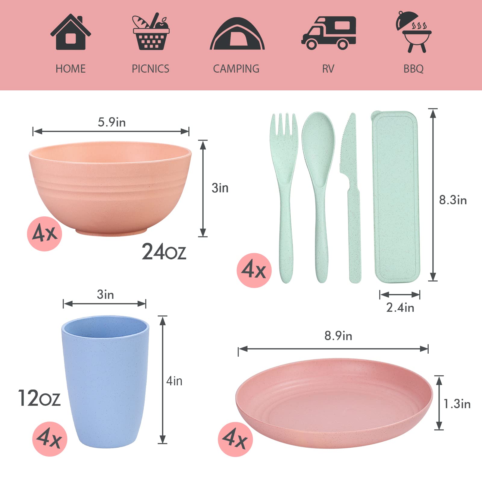 Eco-Friendly Wheat Straw Dinnerware Set for 4 - 28-Piece Microwave Safe Plates, Bowls & Cutlery | Colorful BPA-Free Kitchen Dishes for College Dorm, Camping & Sustainable Home Dining