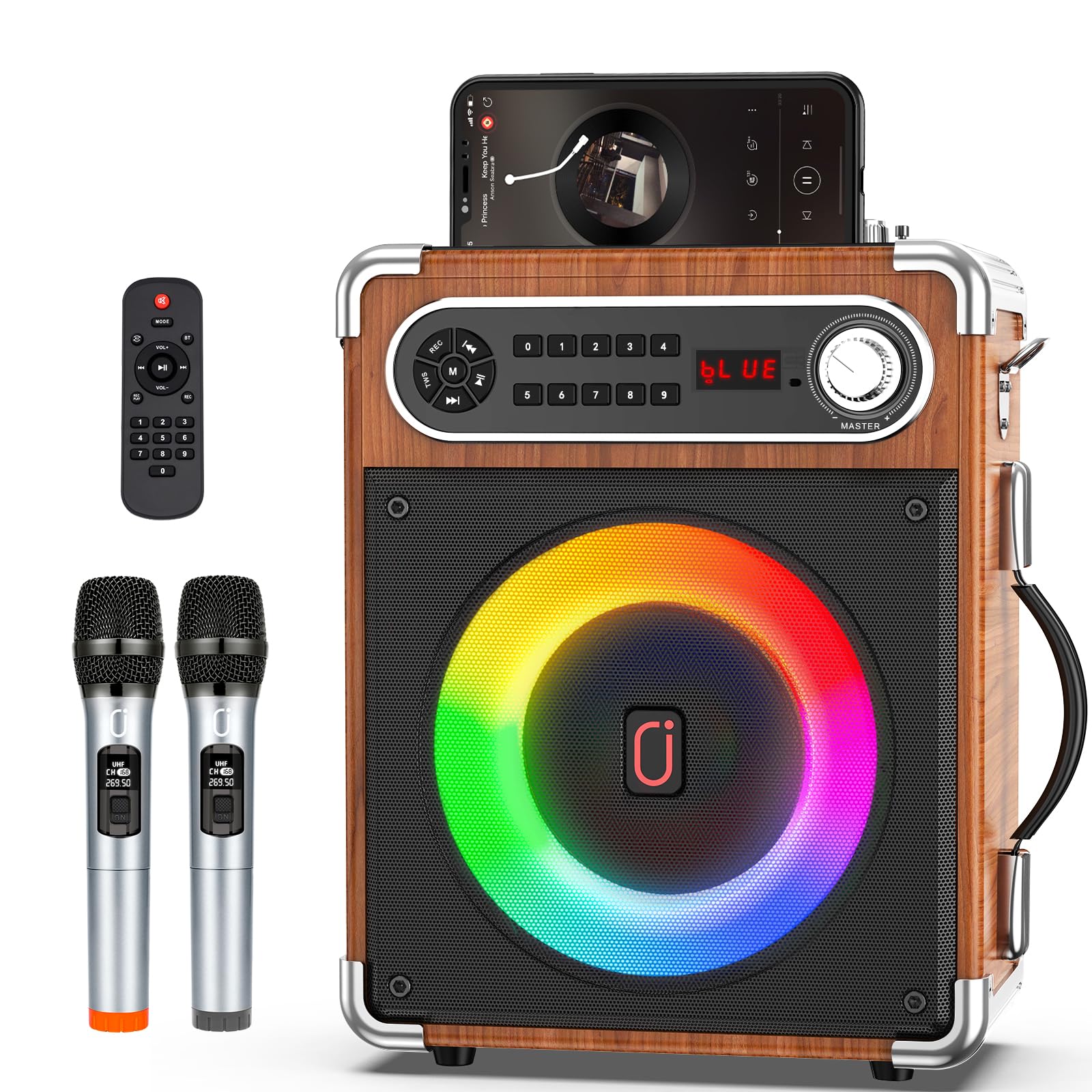 Portable Bluetooth Speaker with Dual Wireless Microphones - Outdoor PA System with Powerful Subwoofer & Tweeter, Remote Control, Disco Lights, FM Radio & Recording - Perfect for Home Parties, Karaoke Nights & Outdoor Events