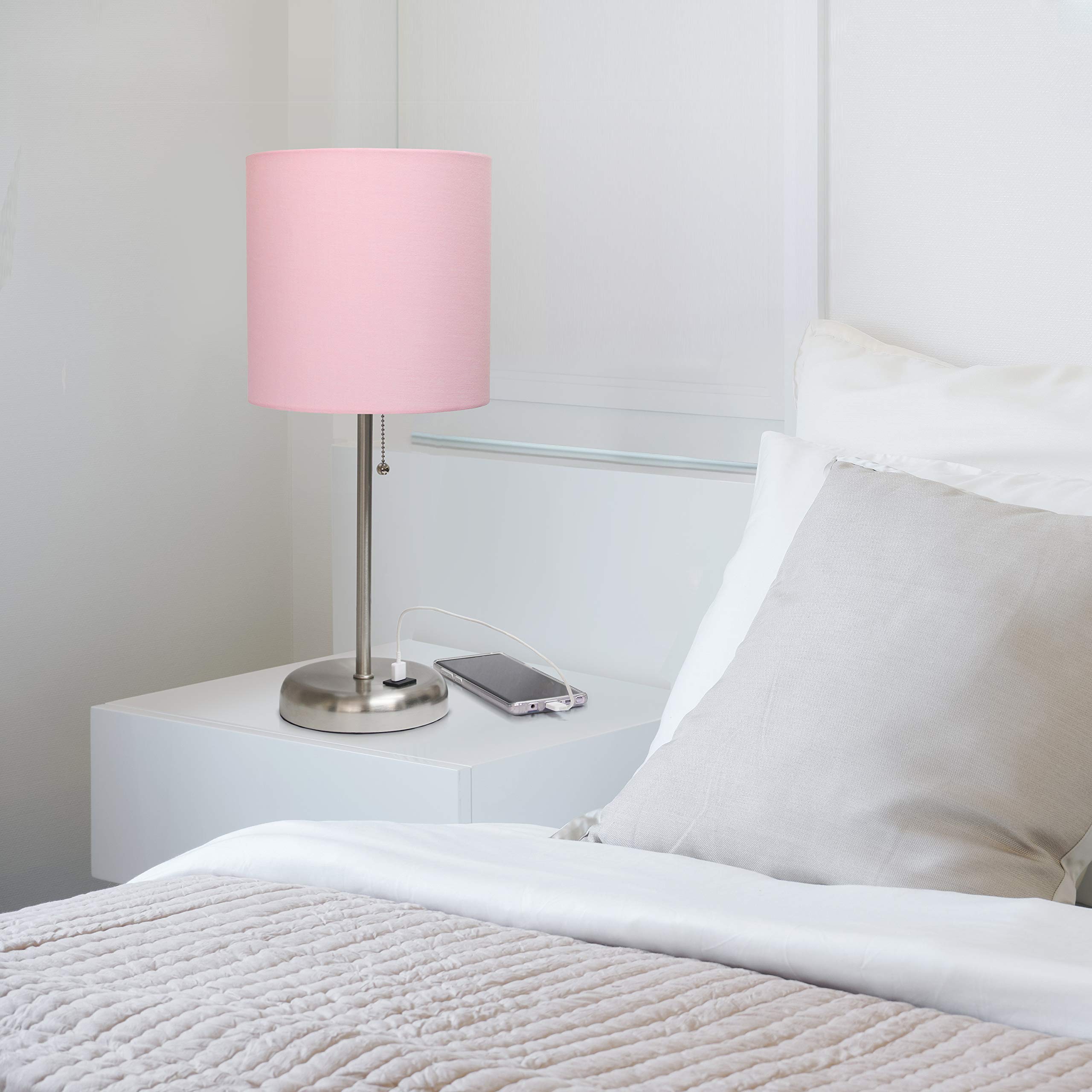 Simple Designs LT2044-LPK Brushed Steel Desk Lamp with USB Charging Port & Light Pink Drum Fabric Shade - Perfect for Home Office, Study, Bedroom Nightstand or Dorm Room Lighting