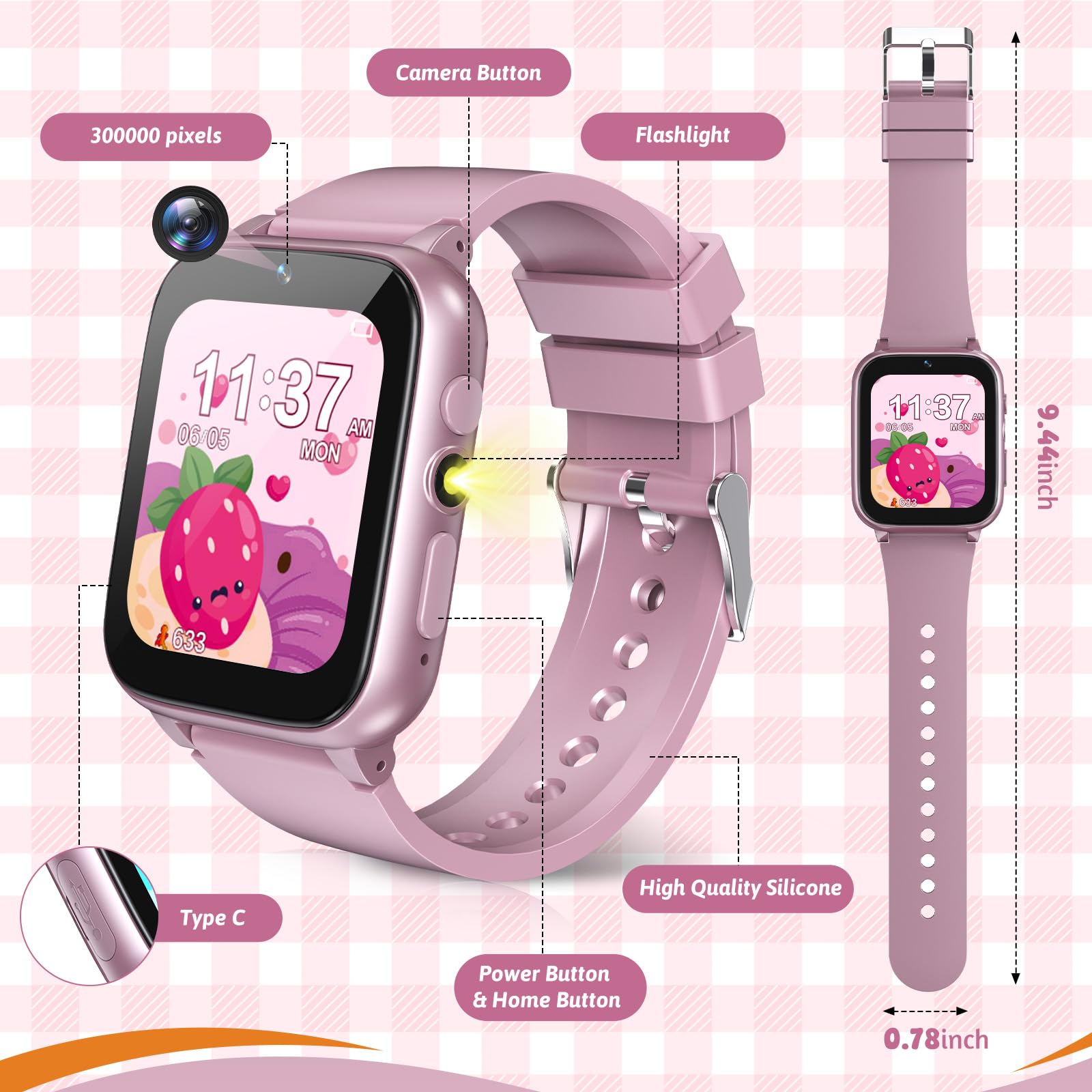 1.69'' Kids Smart Watch for Boys & Girls Ages 4-12 - Pedometer, 26 Puzzle Games, Camera, Video Player, Music Player, Flashlight & Alarm Clock - Perfect Birthday Gift (Pink) | Ideal for Outdoor Play, School Activities & Daily Tracking