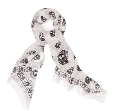 Classic Skull Print Pashmina Scarf - Ivory & Black Fashion Accessory for Women | Gothic Style Wrap for Fall, Winter & Halloween Outfits