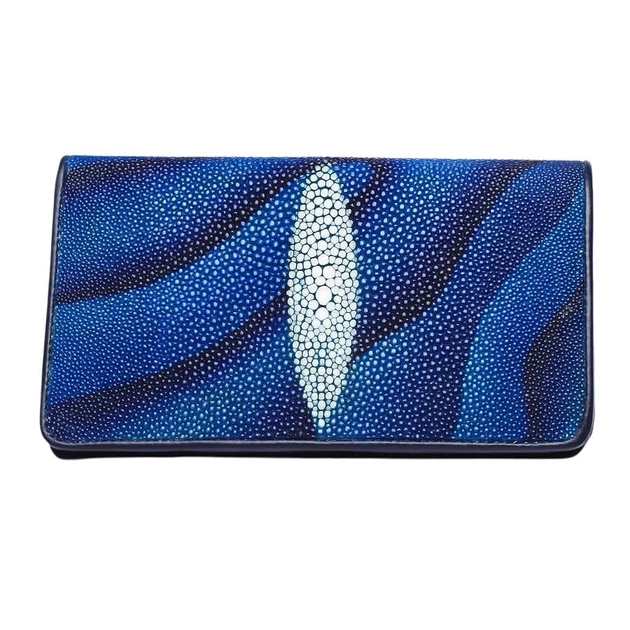 Premium Blue Stingray Skin Leather Long Wallet for Men - RFID Blocking Bifold Wallet with Money Clip - Perfect for Business, Travel & Everyday Use