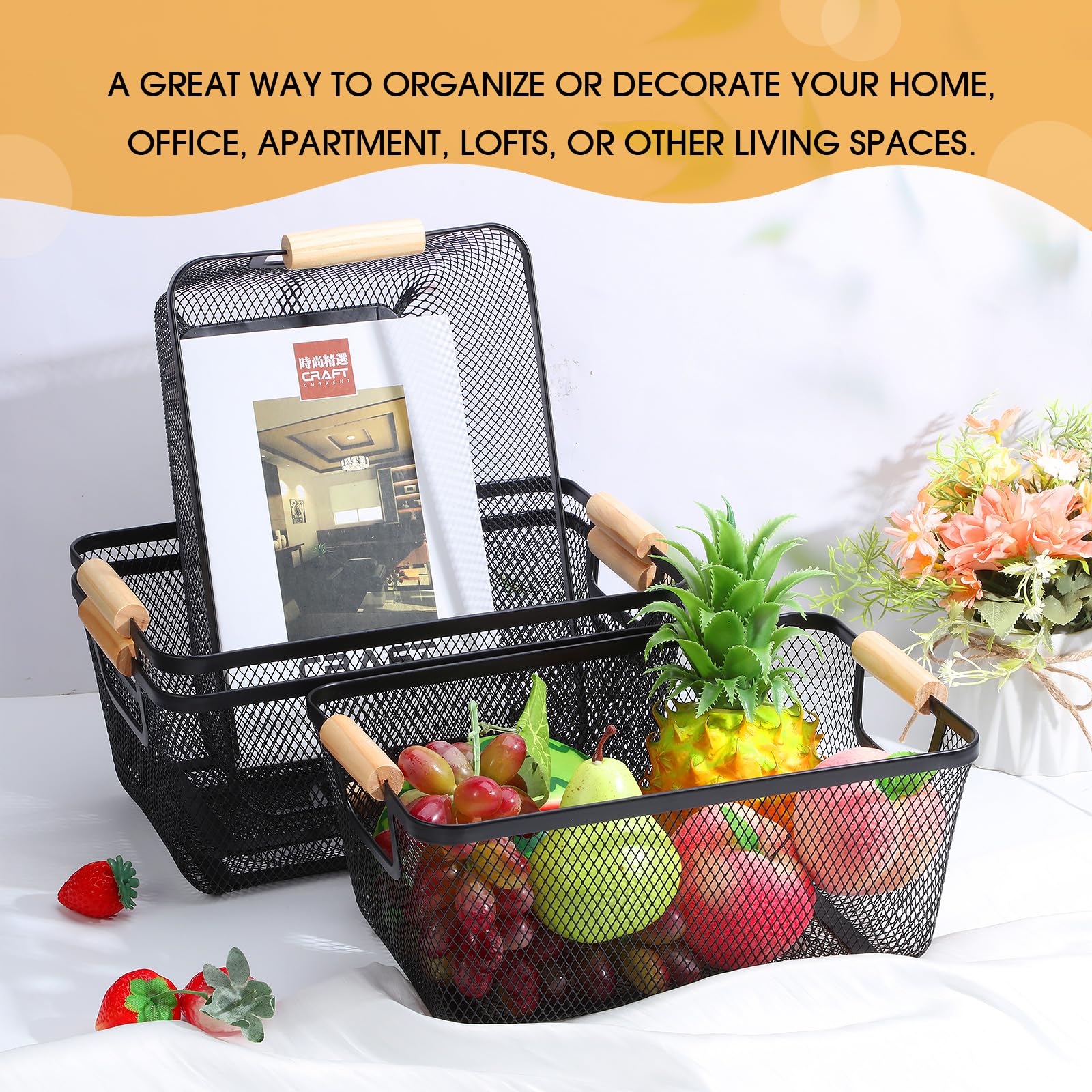 4-Piece Black Metal Wire Baskets with Wooden Handles - Rustic Steel Mesh Storage Organizers for Kitchen, Pantry, Closet & Refrigerator - Perfect for Organizing Fruits, Snacks, Makeup & Gifts (Medium Size) | Home Organization Solution for Cabinet & Countertop Storage