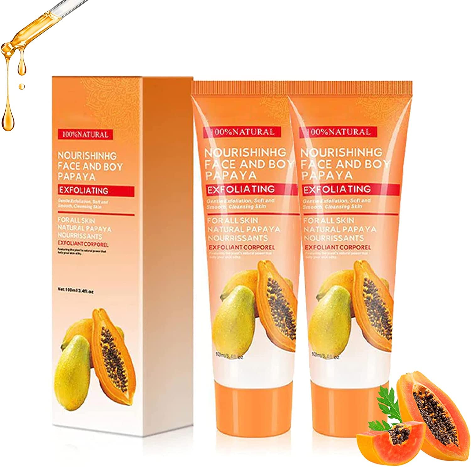 Papaya Whitening Deep Exfoliator & Facial Scrub - 2 Pcs Set with Natural Papaya Extract for Face & Body - Gentle Exfoliating Cleanser for Glowing Skin | Perfect for Daily Skincare & Spa Treatments