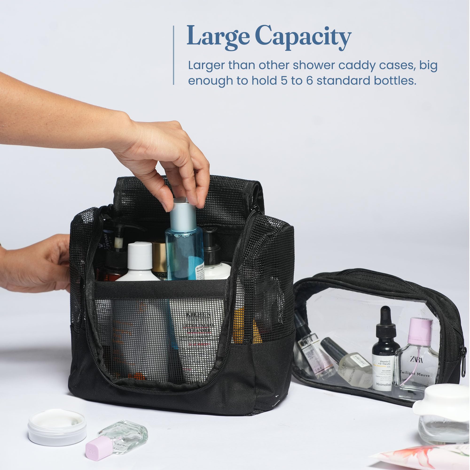 Portable Hanging Shower Caddy Organizer - Quick Dry Mesh Bathroom Storage Bag with Metal Hook & Free Toiletries Case (10”x4”x8”, Black) - Perfect for College Dorm, Camping, Gym & Travel Accessories