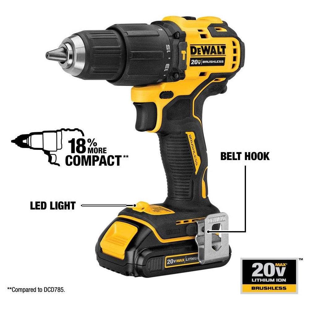 DEWALT ATOMIC 20V MAX* Cordless Hammer Drill/Driver Kit (DCD709C2) - Refurbished with Warranty - Perfect for DIY Projects, Home Repairs & Construction Work