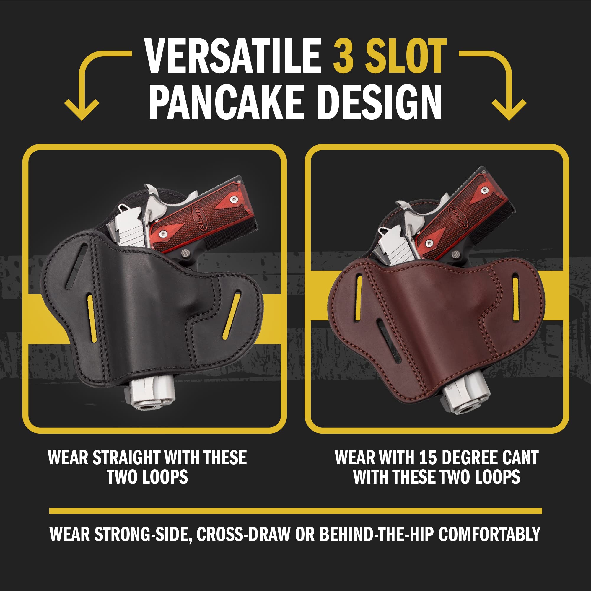Relentless Tactical Premium Leather Gun Holster for 1911 Handguns - 3 Slot Pancake Style Belt Holster | Handcrafted in USA | Perfect for Concealed Carry, Range Training & Outdoor Activities