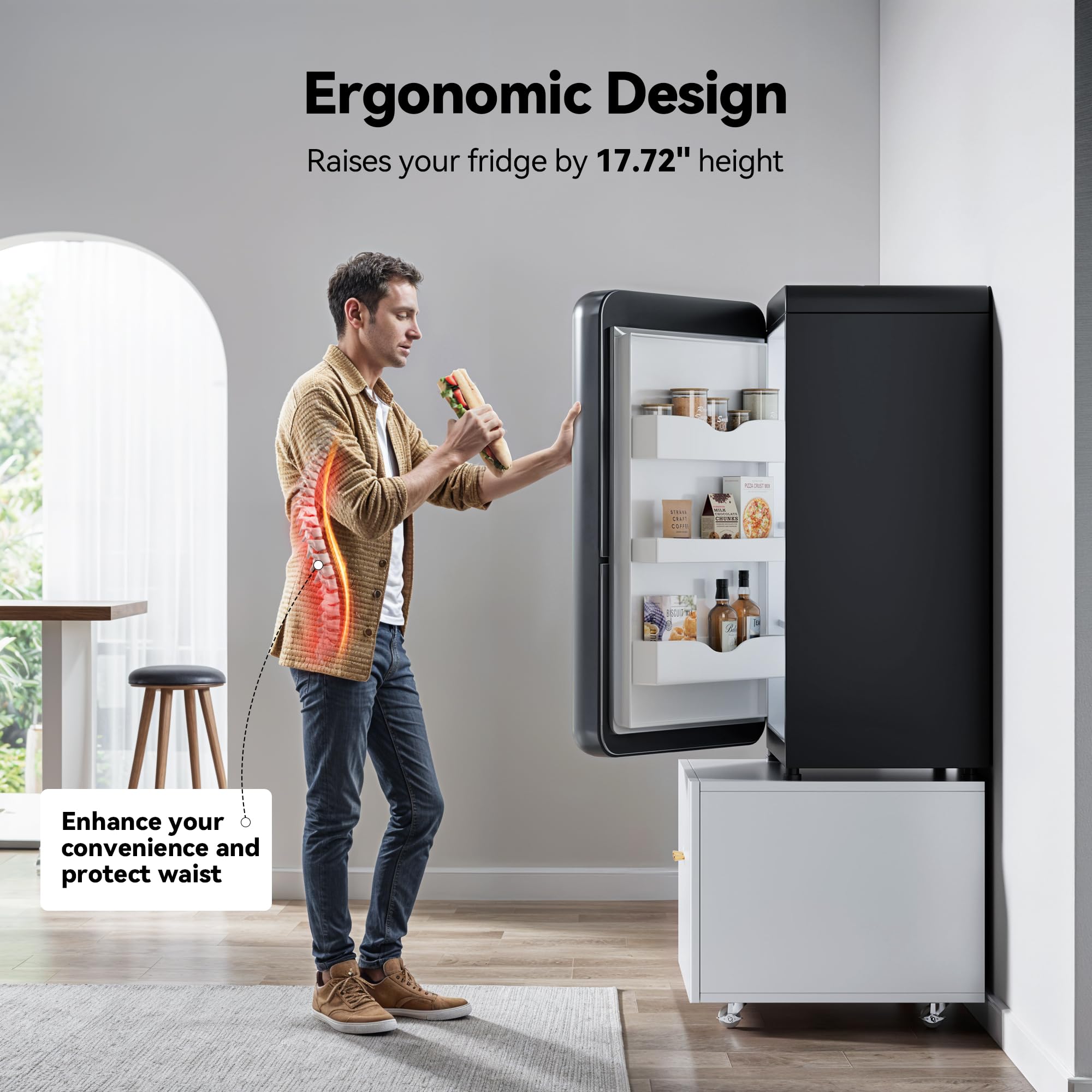 INMOZATA Adjustable Metal Fridge Stand with Storage Shelves & Wheels - 17.72