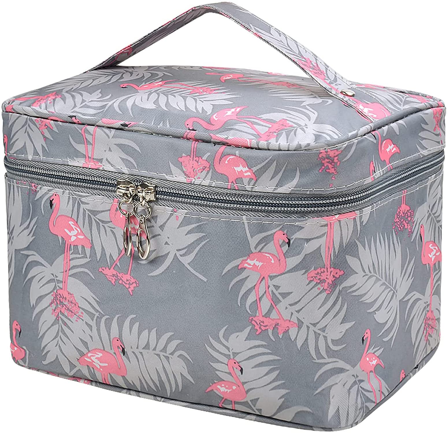 House of Quirk Travel Toiletry Bag for Women - Large Portable Makeup Organizer with Zipper, Water-Resistant Cosmetic Case (Grey Flamingo Print) - Perfect for Vacation, Gym & Business Trips