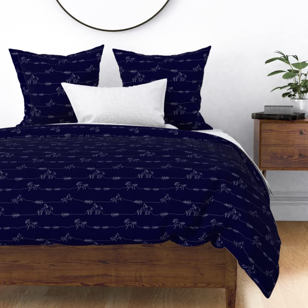 Premium Cotton Sateen Duvet Cover Full/Queen Size - Navy Equestrian Horse Line Art Design | Breathable Luxury Bedding for Master Bedroom & Guest Room | Washable Dark Blue Horse Pony Riding Theme Custom Printed Comforter Cover