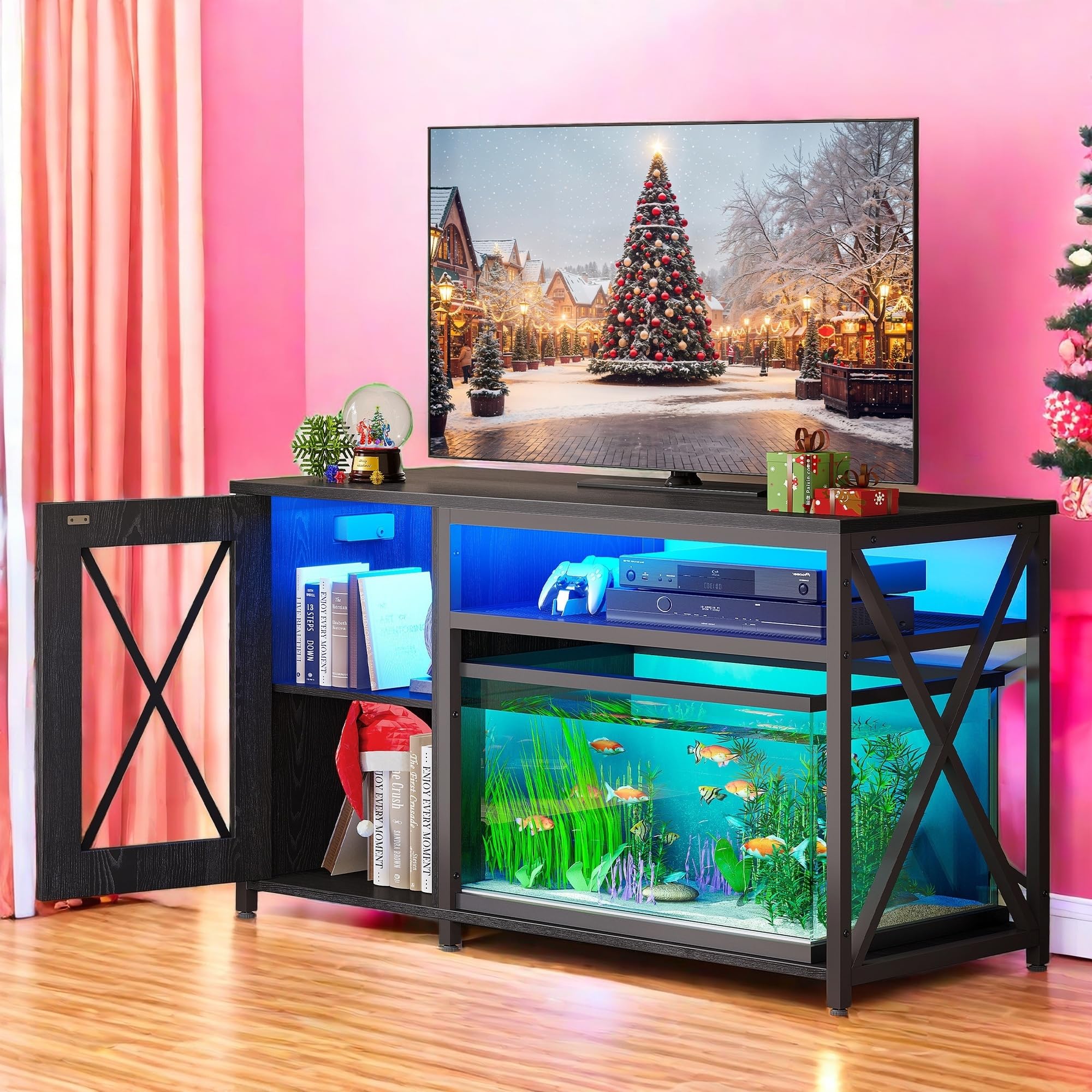 YITAHOME 55-75 Gallon Metal Aquarium Stand with Power Outlets & LED Light, Heavy Duty Fish Tank Stand with Storage Cabinet - 860LBS Capacity for Turtle Tanks, Reptile Terrariums & Fish Tank Accessories - Perfect for Home, Office & Pet Store Displays (Black)