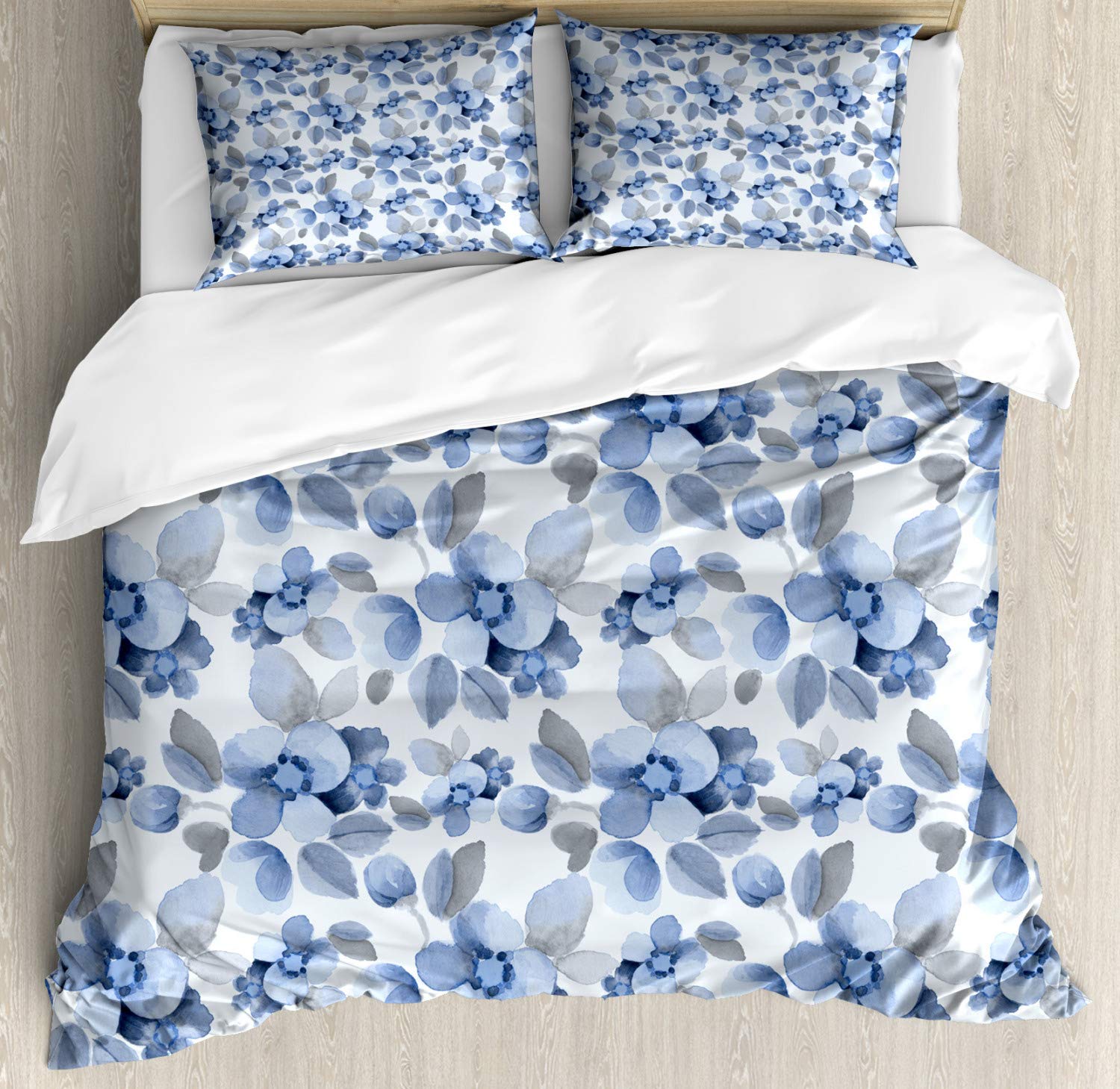 Ambesonne Shabby Floral Duvet Cover Set - Watercolor Camellia Petals & Romantic Sprout Print, 3-Piece King Size Bedding Set with 2 Pillow Shams, Blue | Perfect for Boho Chic Bedrooms & Guest Room Decor