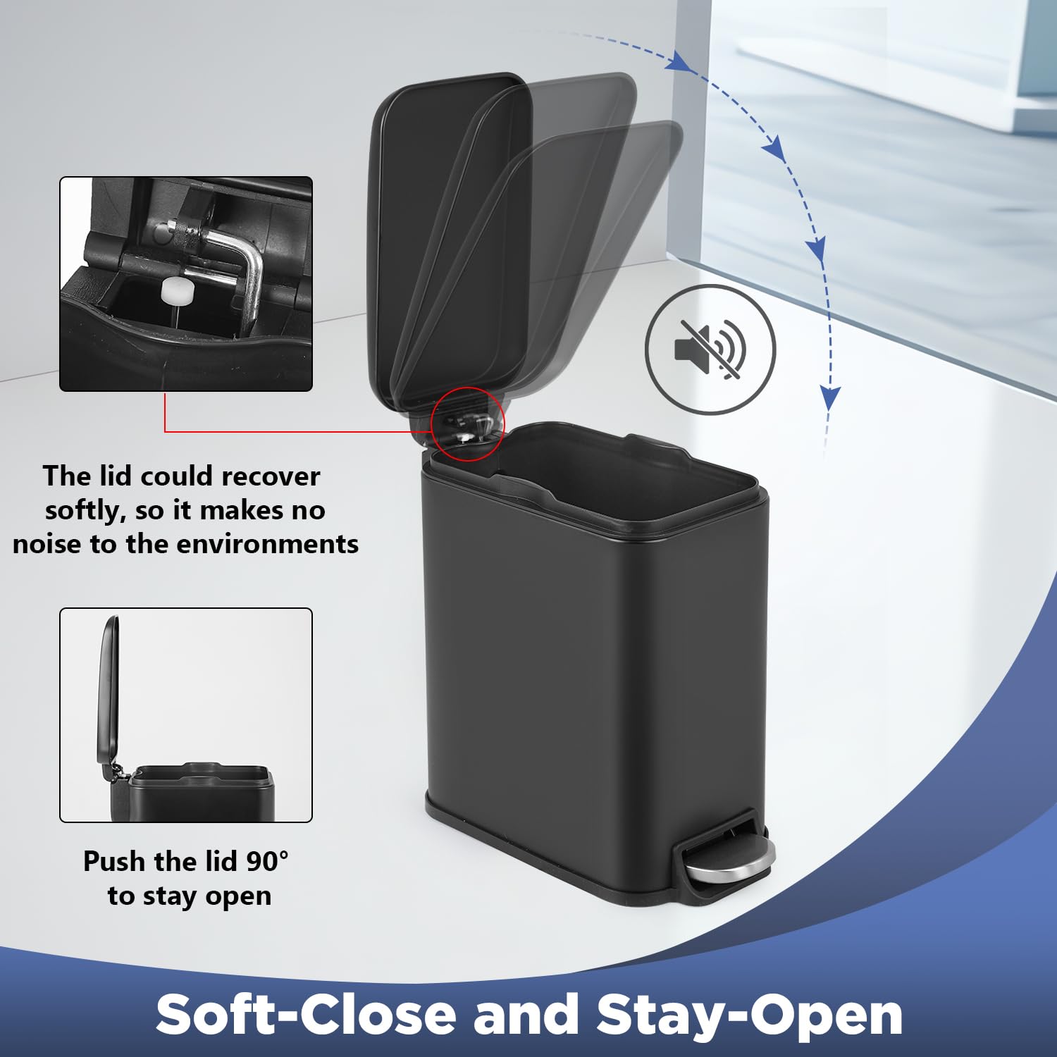 Best Small Trash Can with Lid - 1.3 Gallon (5L) Step Pedal Garbage Bin with Removable Bucket for Bathroom, Bedroom, Kitchen & Office - Space Saving Design for Tight Spaces - Ideal for Home, Office & Dorm Use (Black)