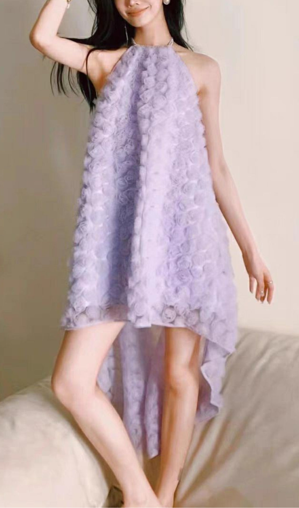 Elegant 3D Purple Rose Halter Neck Backless Midi Dress for Women - Perfect for Summer Parties, Weddings, and Special Occasions