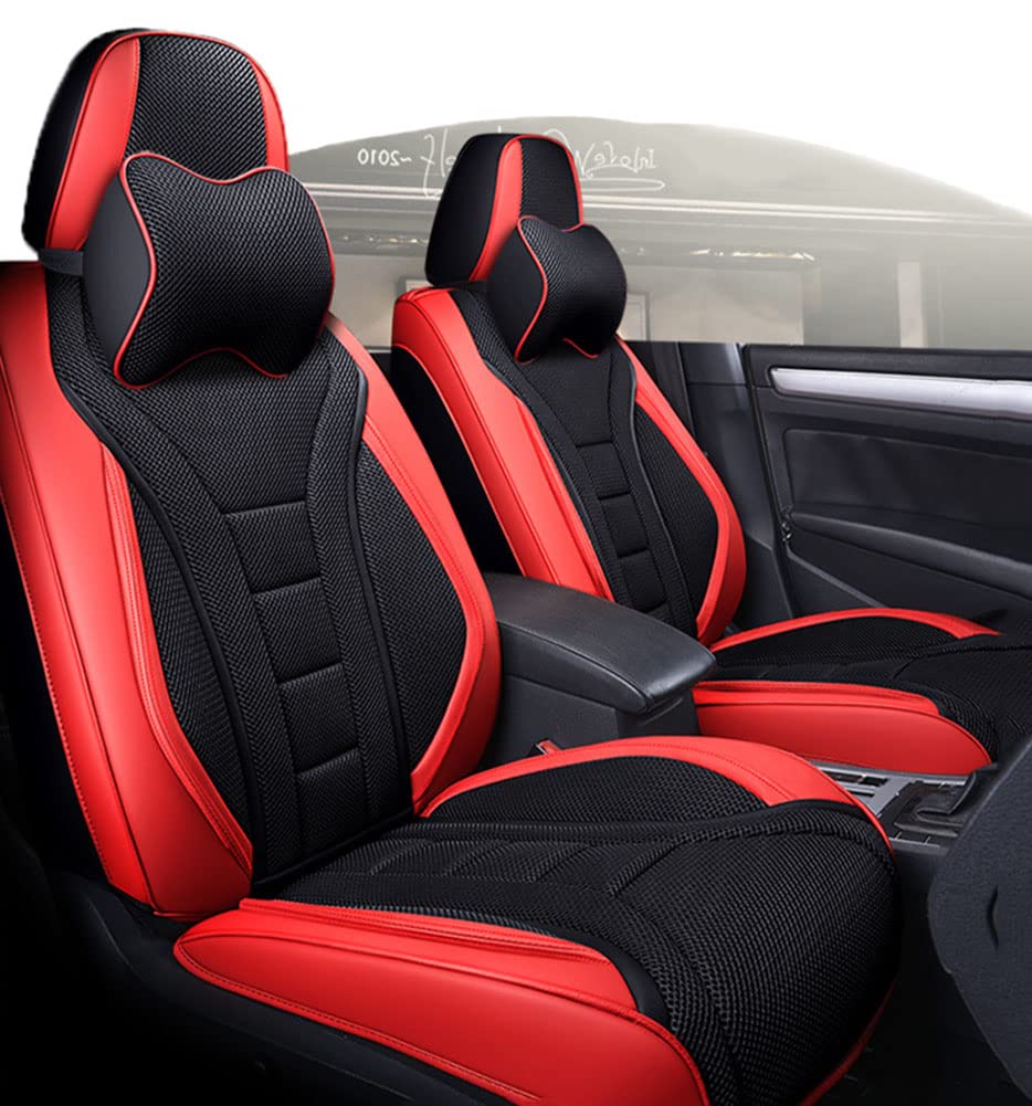 Premium Red and Black Car Seat Covers - Full Set Leather & Mesh Design - Universal Fit Car Seat Protectors for Cars, SUVs & Trucks - Comfortable, Breathable & Durable - Perfect for Daily Commute, Road Trips & Family Travel