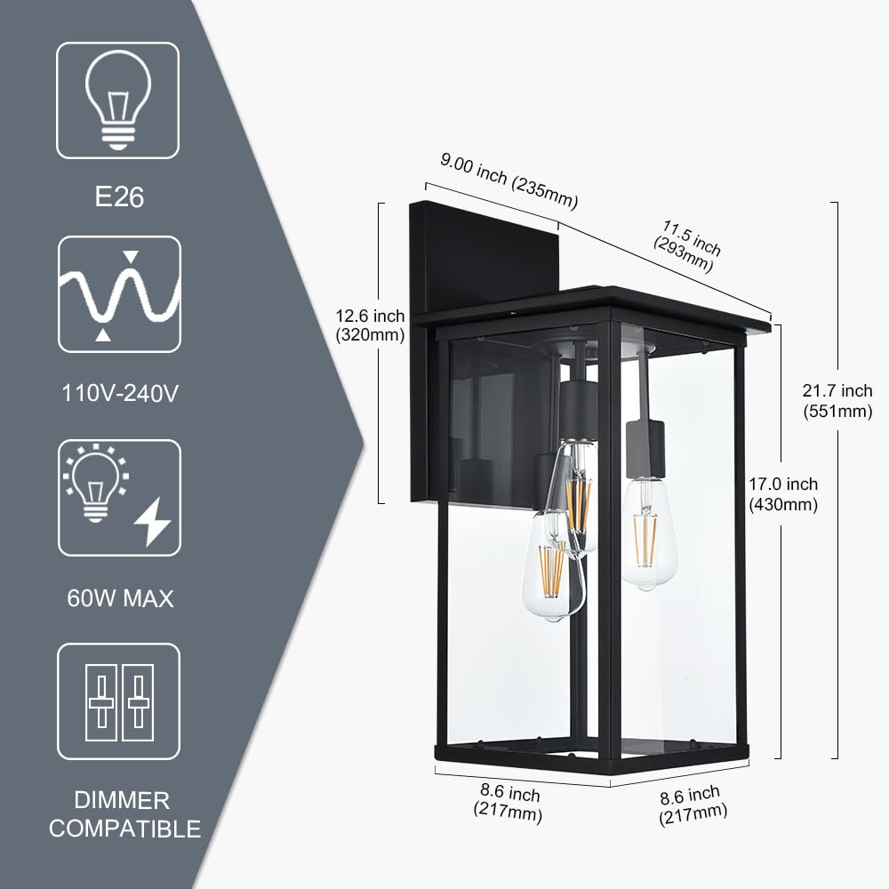 3-Lights Black Outdoor Wall Sconce Lantern with Clear Glass Shade - Waterproof Exterior Wall Mount Lighting for Porch, Garage, Hallway & Patio - Durable Weatherproof Outdoor Light Fixtures for Home & Garden