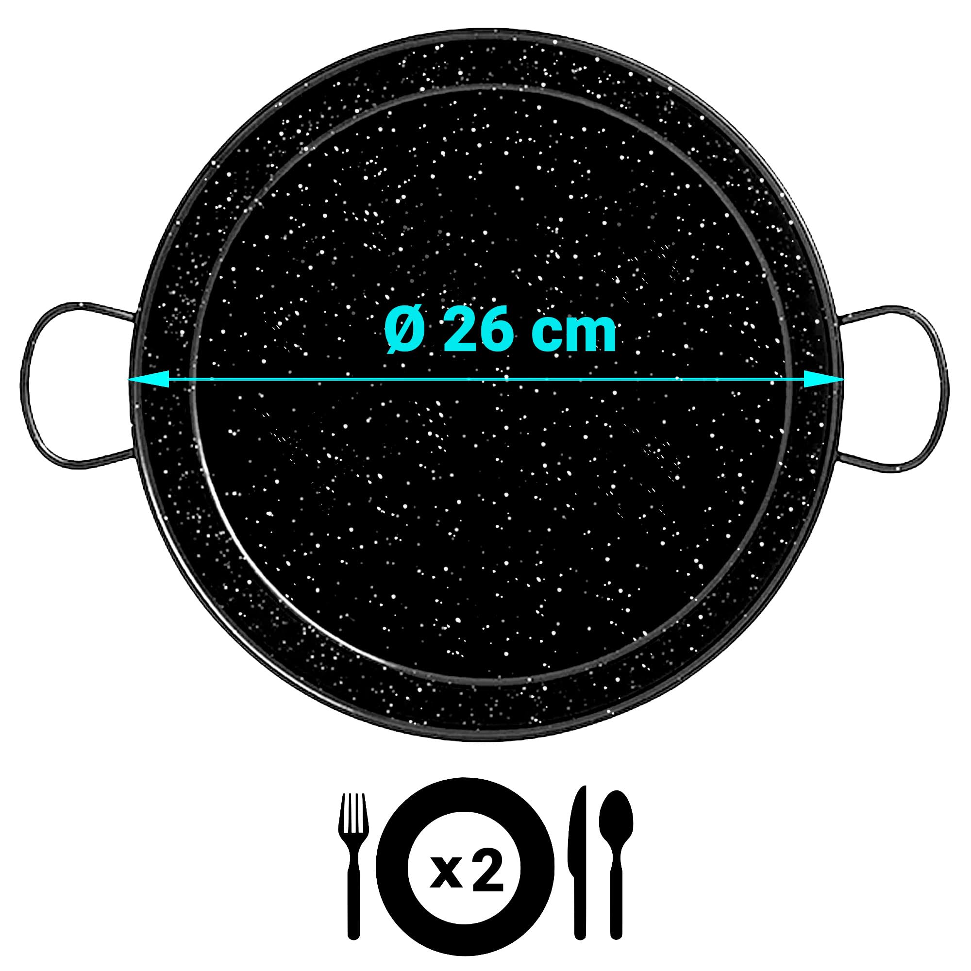 Valencian Paella Pan 26cm - Enameled Steel Induction Paellera for 2 Servings - Compatible with Glass Ceramic, Gas, Fire & Oven - Black Speckled Finish - Perfect for Spanish Rice Dishes, Family Gatherings & Outdoor Cooking