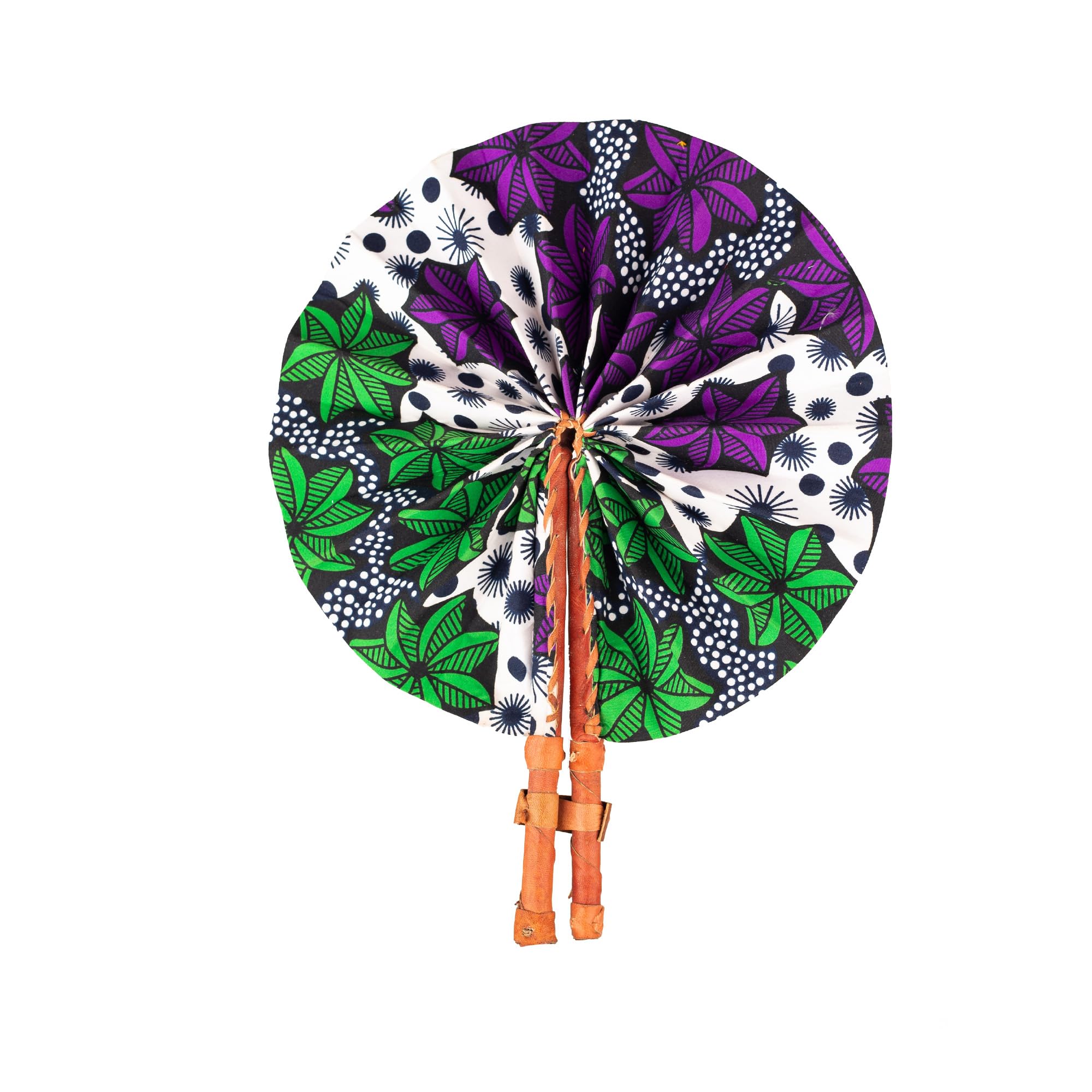 Authentic Ghana Ankara African Print Handheld Fan - Bolgatanga Folding Fan with Leather Handle - Traditional African Fabric Portable Fan for Weddings, Parties & Cultural Events (Fan A)
