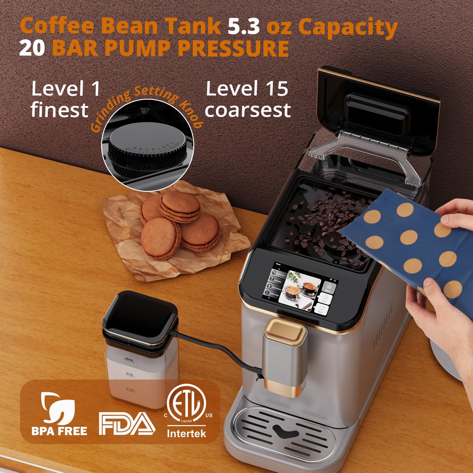 Fully Automatic Espresso Coffee Machine with Milk Frother - 20 Bar Pressure, 15 Grind Settings, 8-in-1 Coffee Maker with TFT Touchscreen & Removable Tank - Perfect for Home, Office, and Cafe Use - Make Espresso, Cappuccino, Latte & More